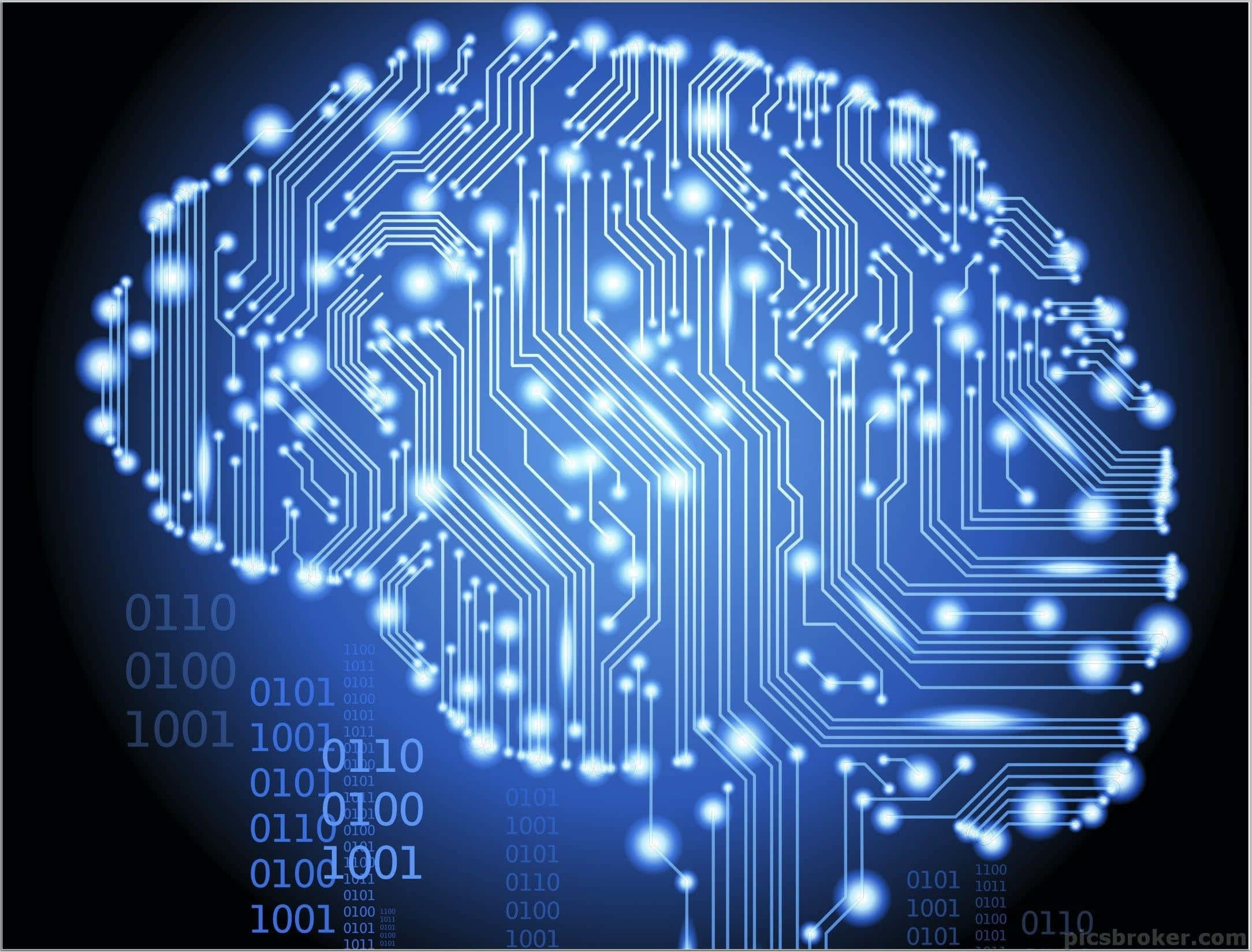 Electronics 桌布 壁紙 — 一個發光藍色的大腦，形狀像電路板，二進制代碼在黑暗背景中漂浮在周圍。