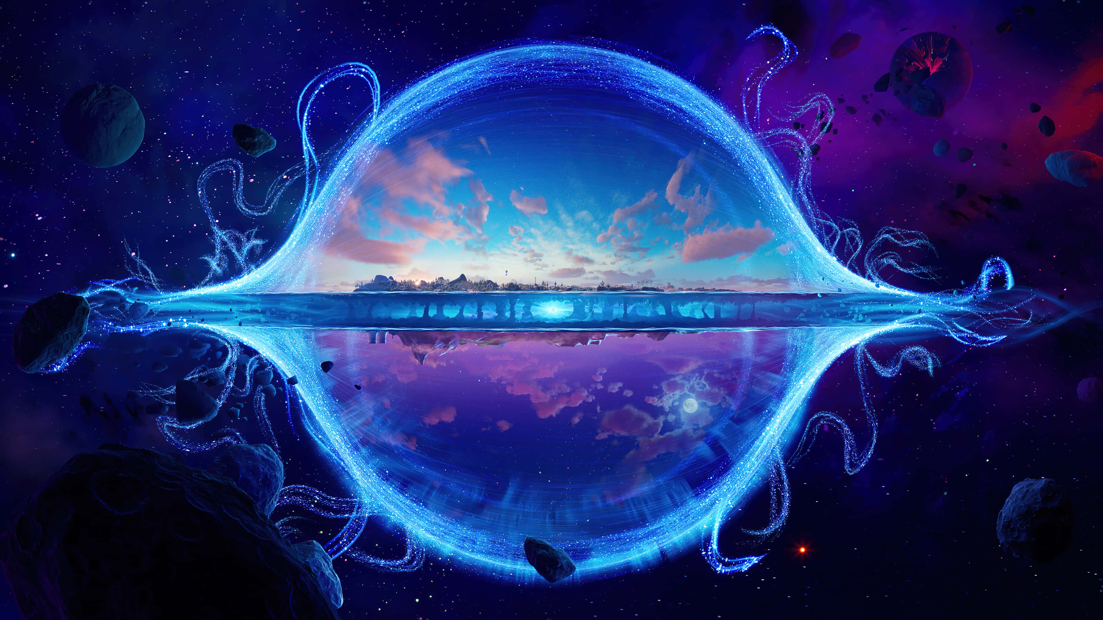 Fortnite Chapter 3 桌布 壁紙 — 一個發光藍色眼睛形狀的宇宙門戶框住了遙遠行星上寧靜的日落，周圍環繞著漂浮的小行星。