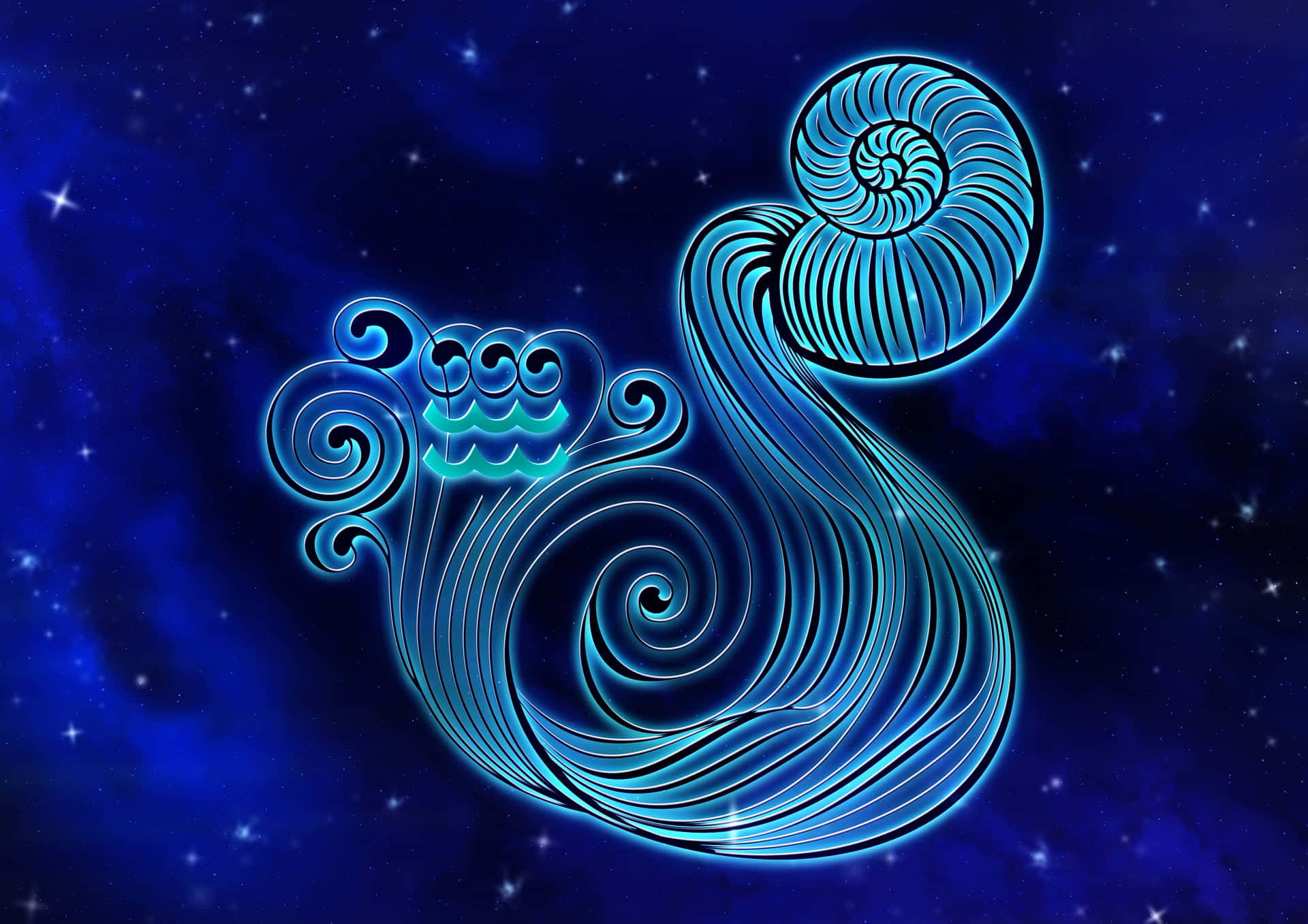 aquarius 桌布 壁紙 — 一個發光藍色螺旋星座符號，帶有波浪圖案，以繁星點點的宇宙夜空為背景。