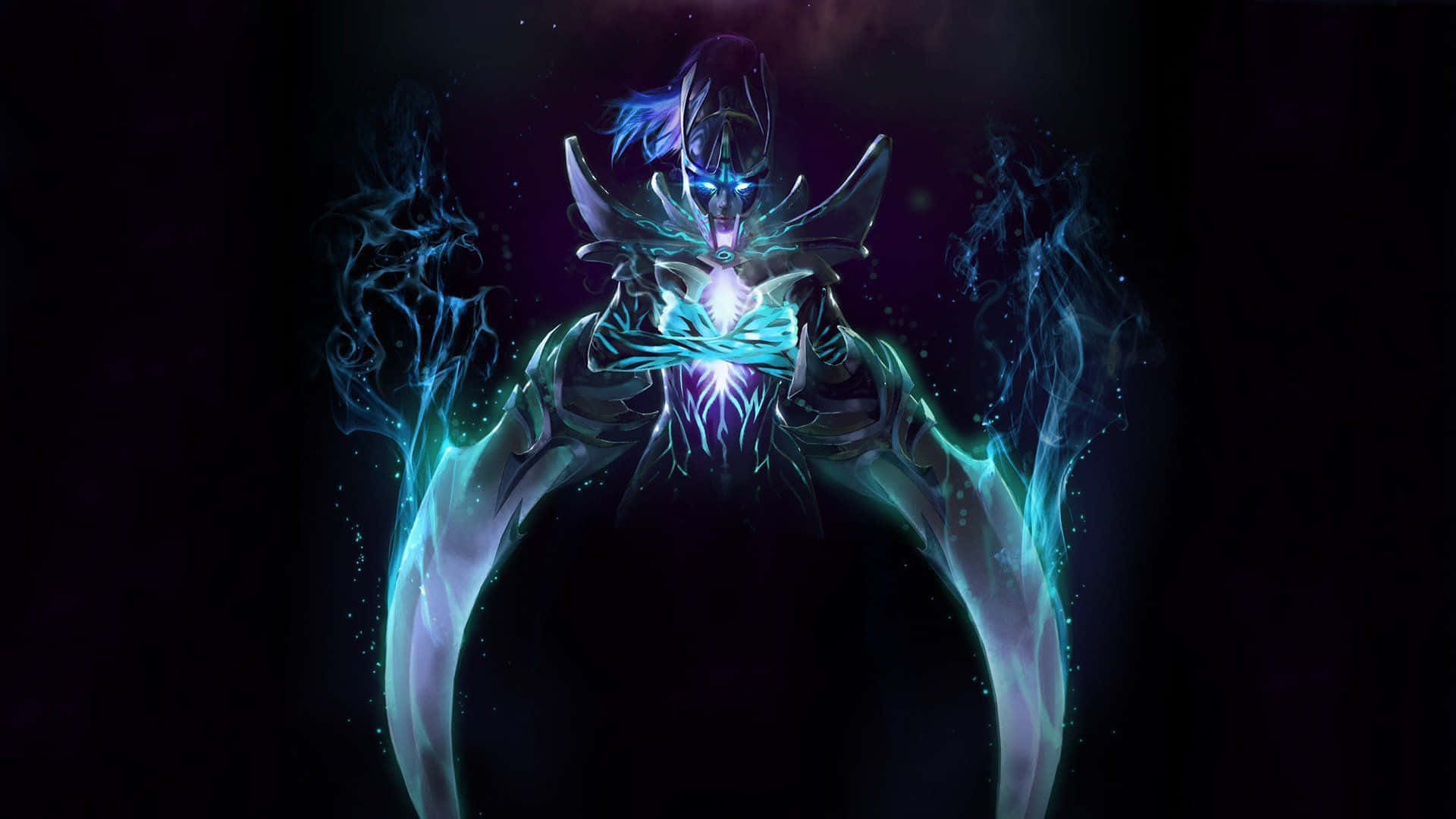 Phantom Assassin 桌布 壁紙 — 一個發光藍色裝甲人物，頭上有角，流動能量，站在黑暗宇宙背景前。
