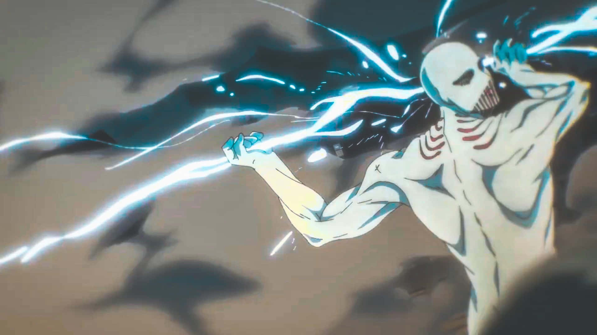 War Hammer Titan 桌布 壁紙 — 一個白皮膚、帶有紅色標記的動漫巨人，以動態戰鬥姿勢引導發光的藍色能量。