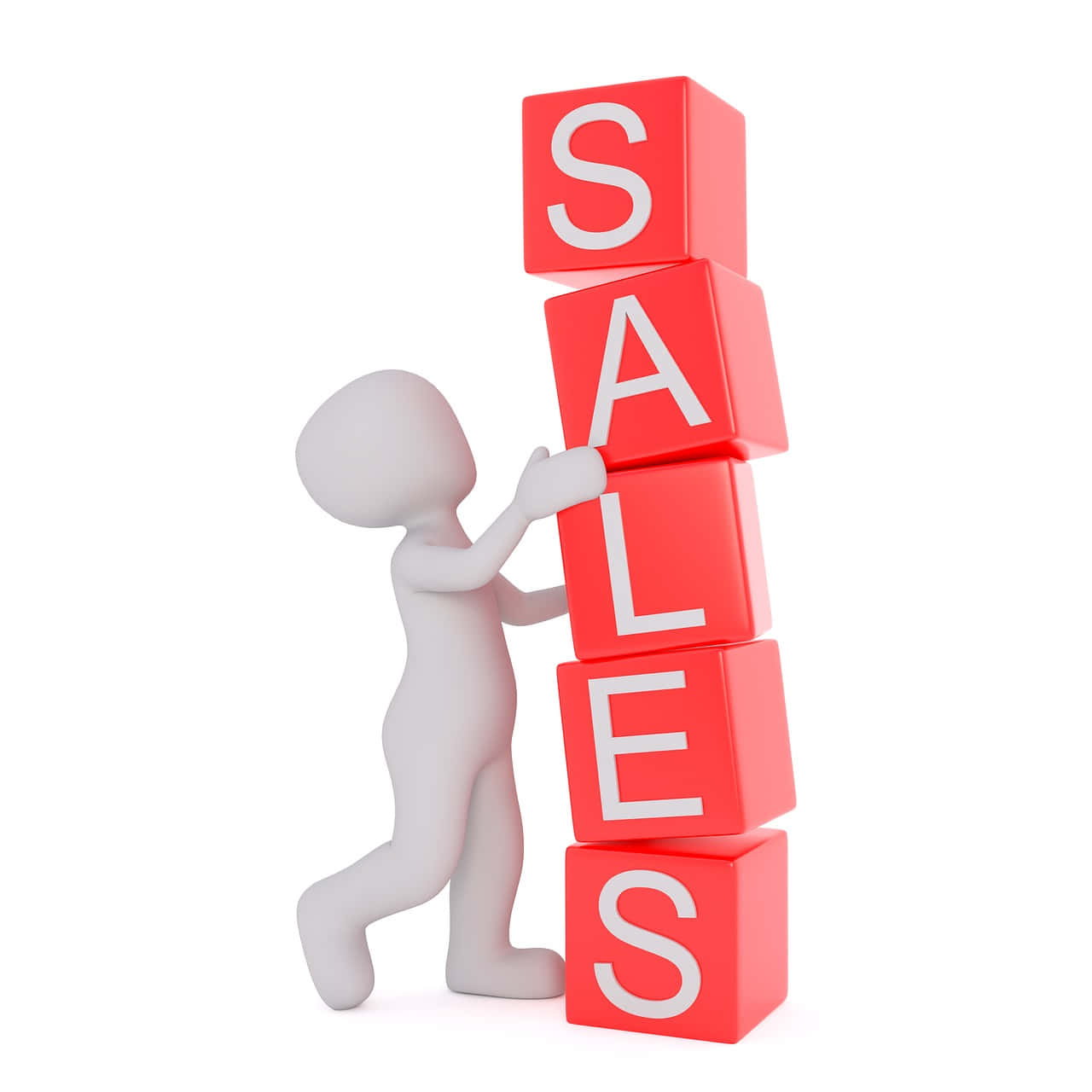 Sales 桌布 壁紙 — 一個白色3D人物在純白色背景上推動一堆拼出sales的紅色立方體。