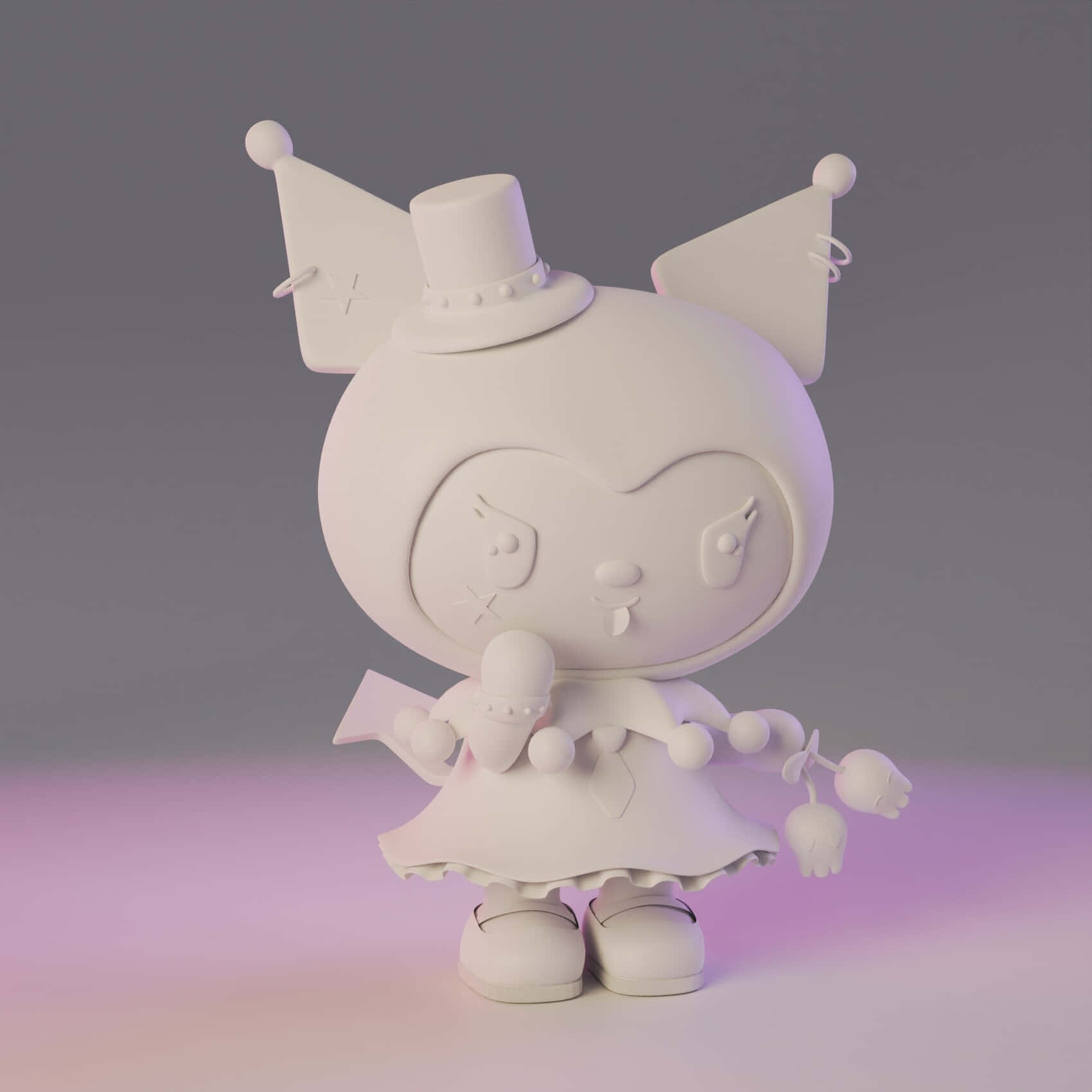 Kuromi Fanart 桌布 壁紙 — 一個白色3D渲染的卡通角色，戴著高帽和派對帽，站在紫色漸變背景前。