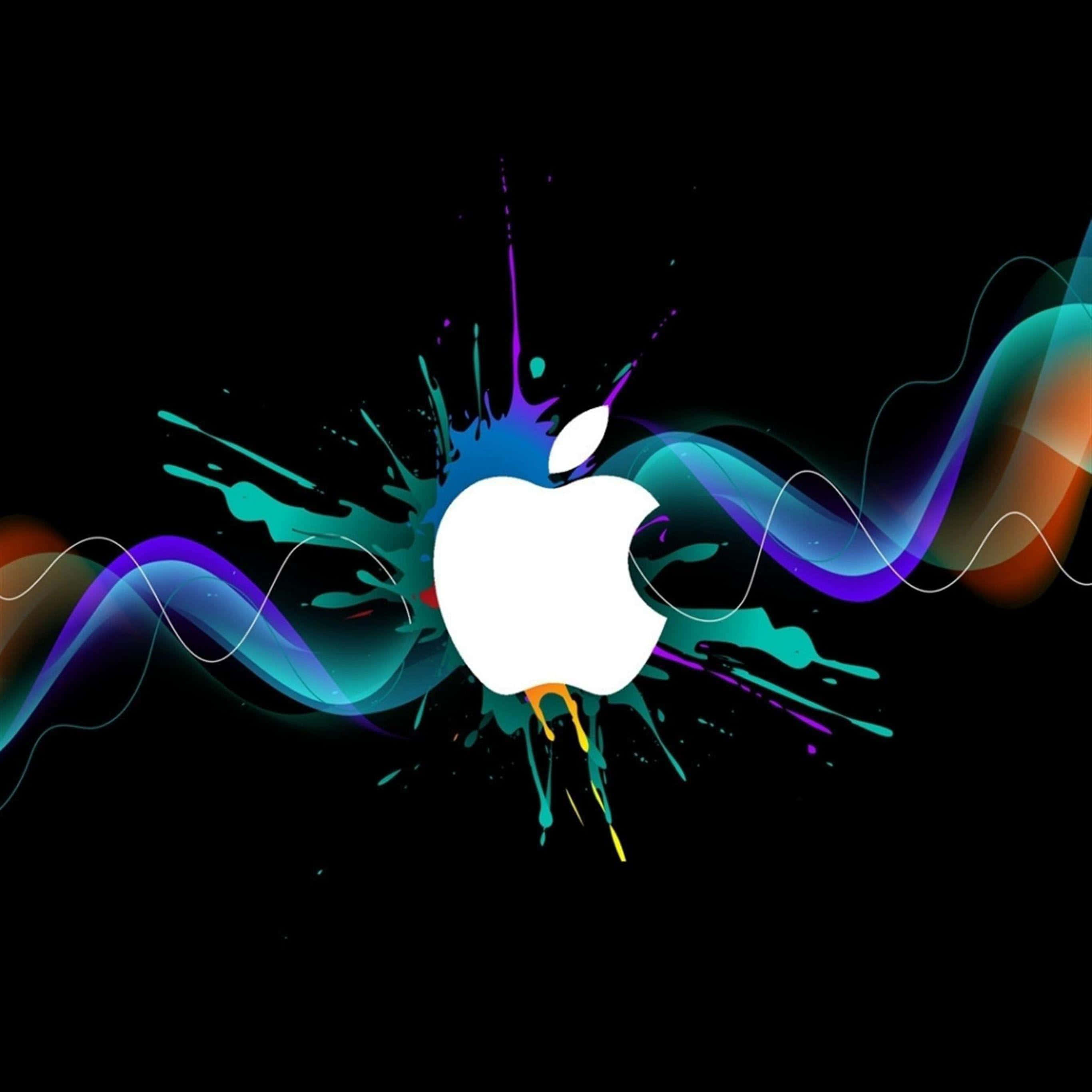 iPad pro 桌布 壁紙 — 一個白色Apple標誌在黑色背景上爆發出充滿活力的青綠色、紫色和橙色油漆飛濺及流動的數碼波浪。
