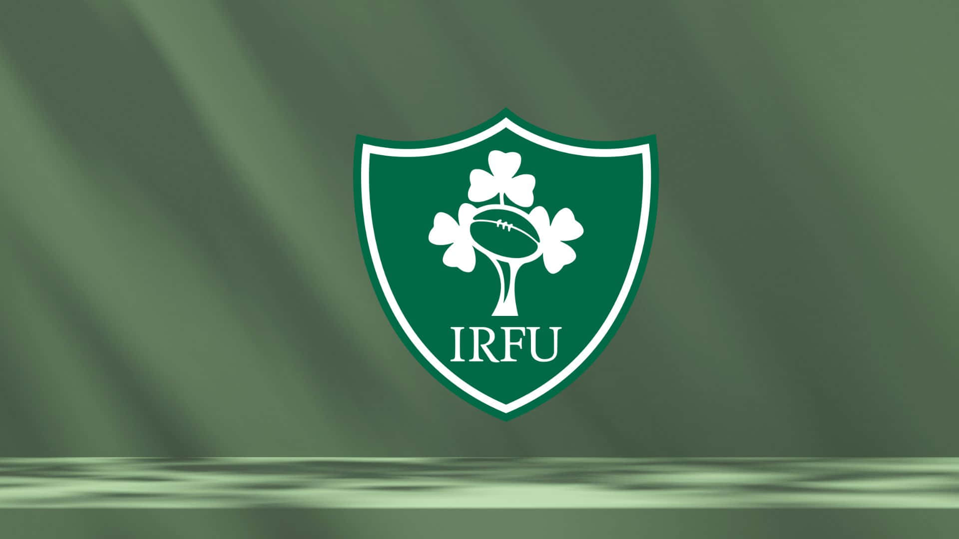 Ireland Rugby 桌布 壁紙 — 一個白色IRFU欖球徽章，中心有一個三葉草和一個球，背景是帶紋理的綠色旗幟。