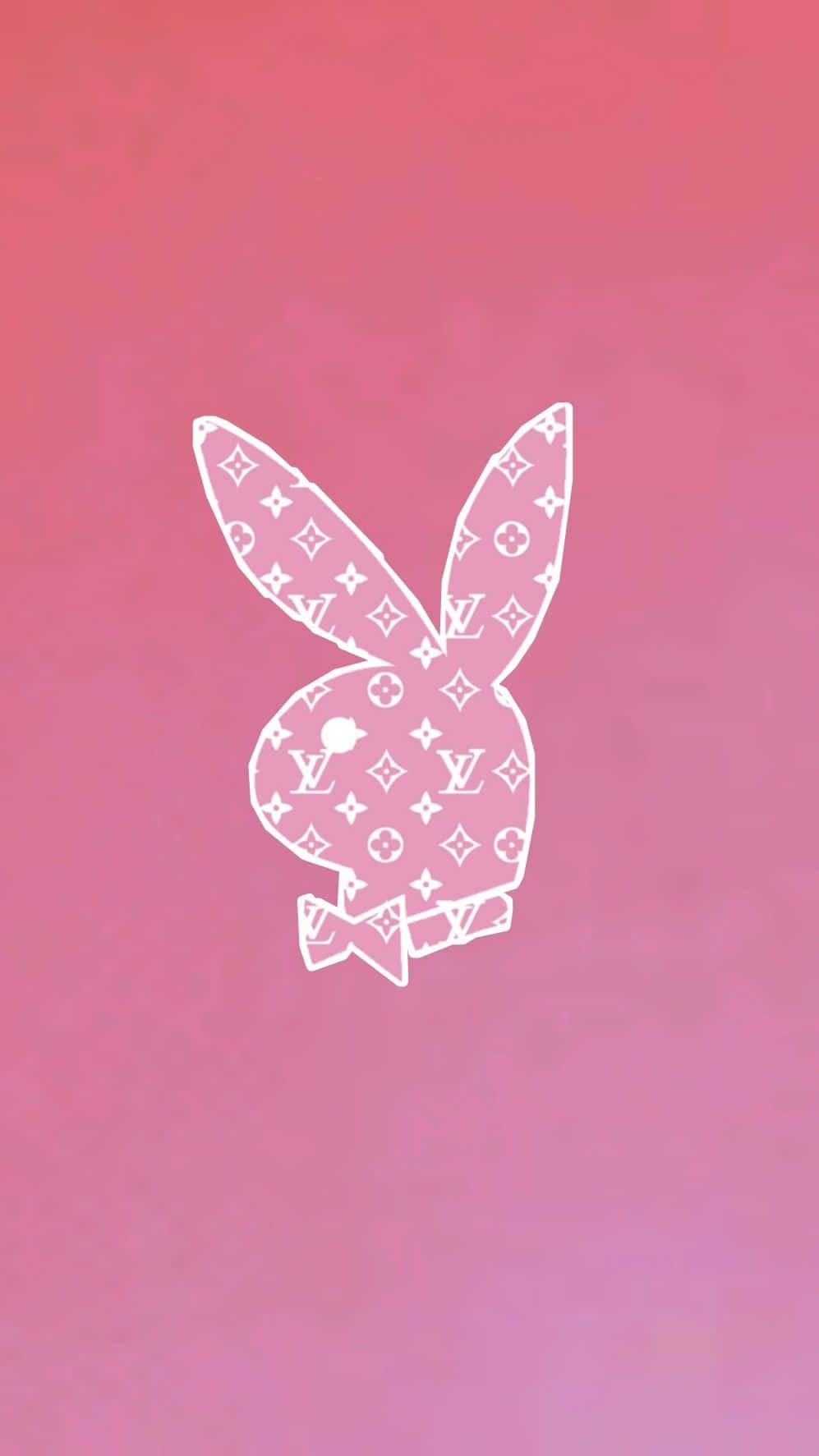 playboy 桌布 壁紙 — 一個白色Playboy兔仔剪影，填充路易威登Monogram圖案，襯以柔和粉紅色漸變背景。
