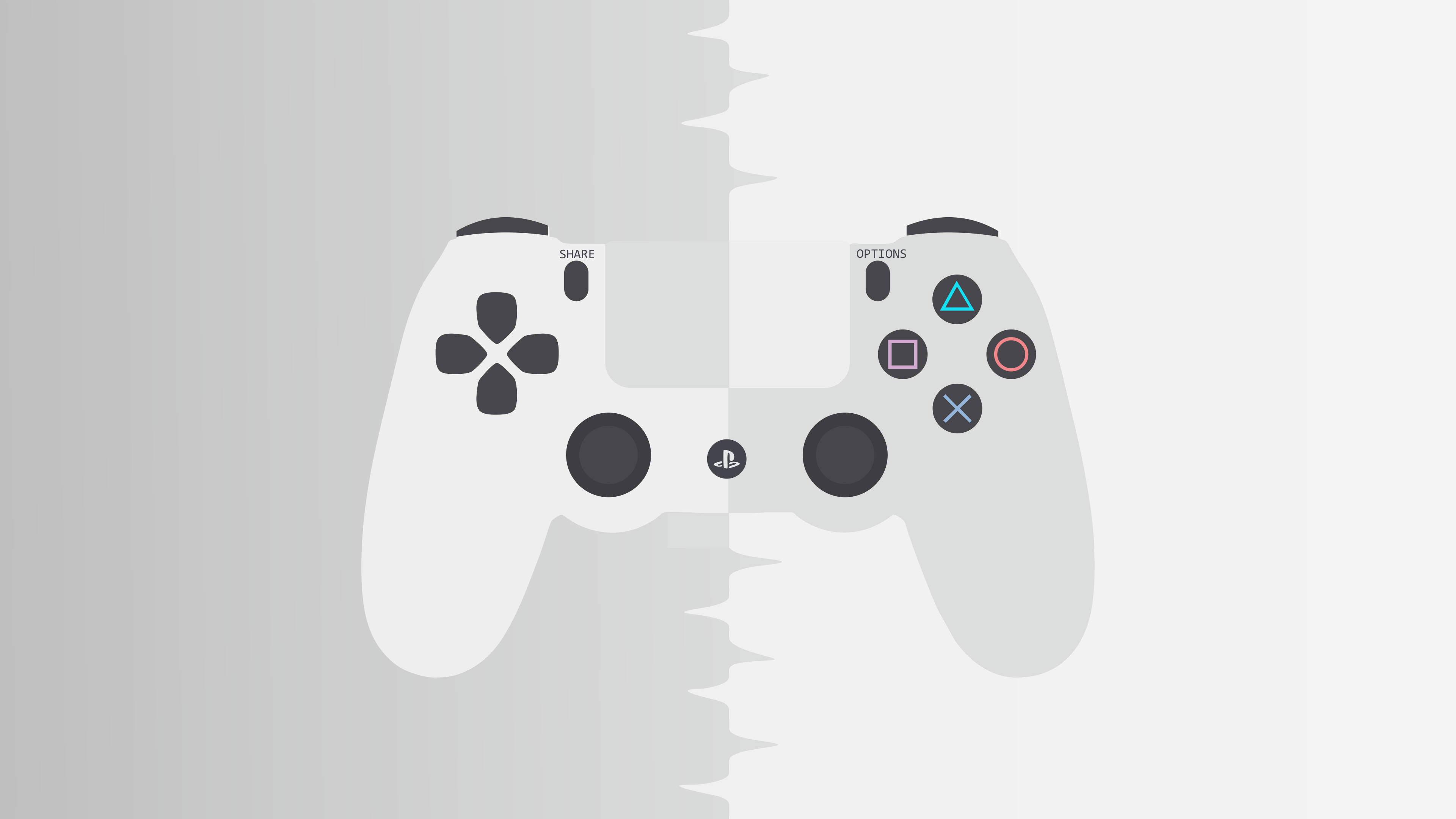 Monochrome 桌布 壁紙 — 一個白色PlayStation手掣中間被鋸齒狀撕裂效果一分為二的極簡數位插圖。