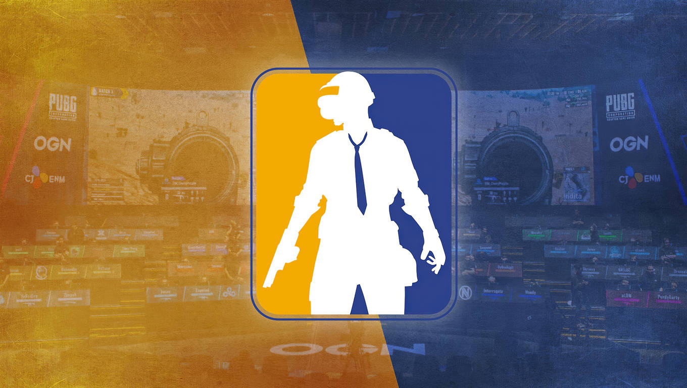 Logo 桌布 壁紙 — 一個白色剪影的PUBG玩家手持槍支，居中站立在橙色和藍色分割的背景上，帶有錦標賽品牌標識。