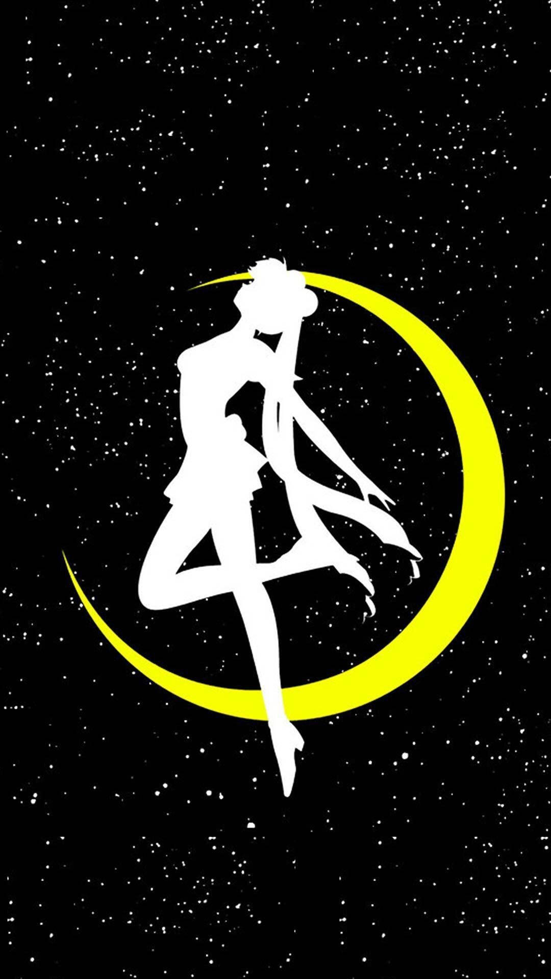 星星 桌布 壁紙 — 一個白色剪影的女孩以動態姿勢站在發光的黃色新月上，背景是繁星點點的黑色夜空。