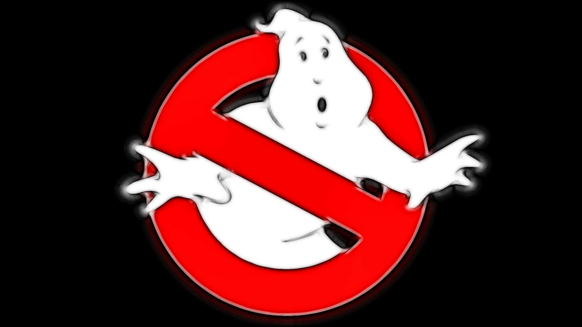 Ghostbusters 桌布 壁紙 — 一個白色卡通鬼魂，睜大眼睛，張開嘴巴，被困在黑色背景上發光的紅色禁止符號內。