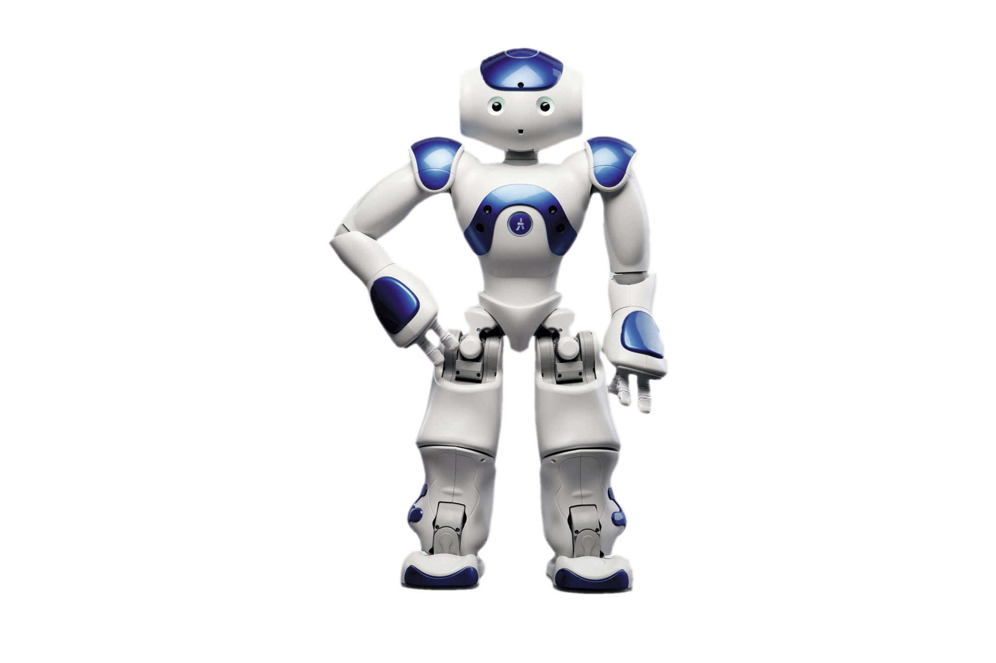 Kawaii Robot 桌布 壁紙 — 一個白色和藍色的人形機械人自信地站在純白色背景前，一手叉腰。