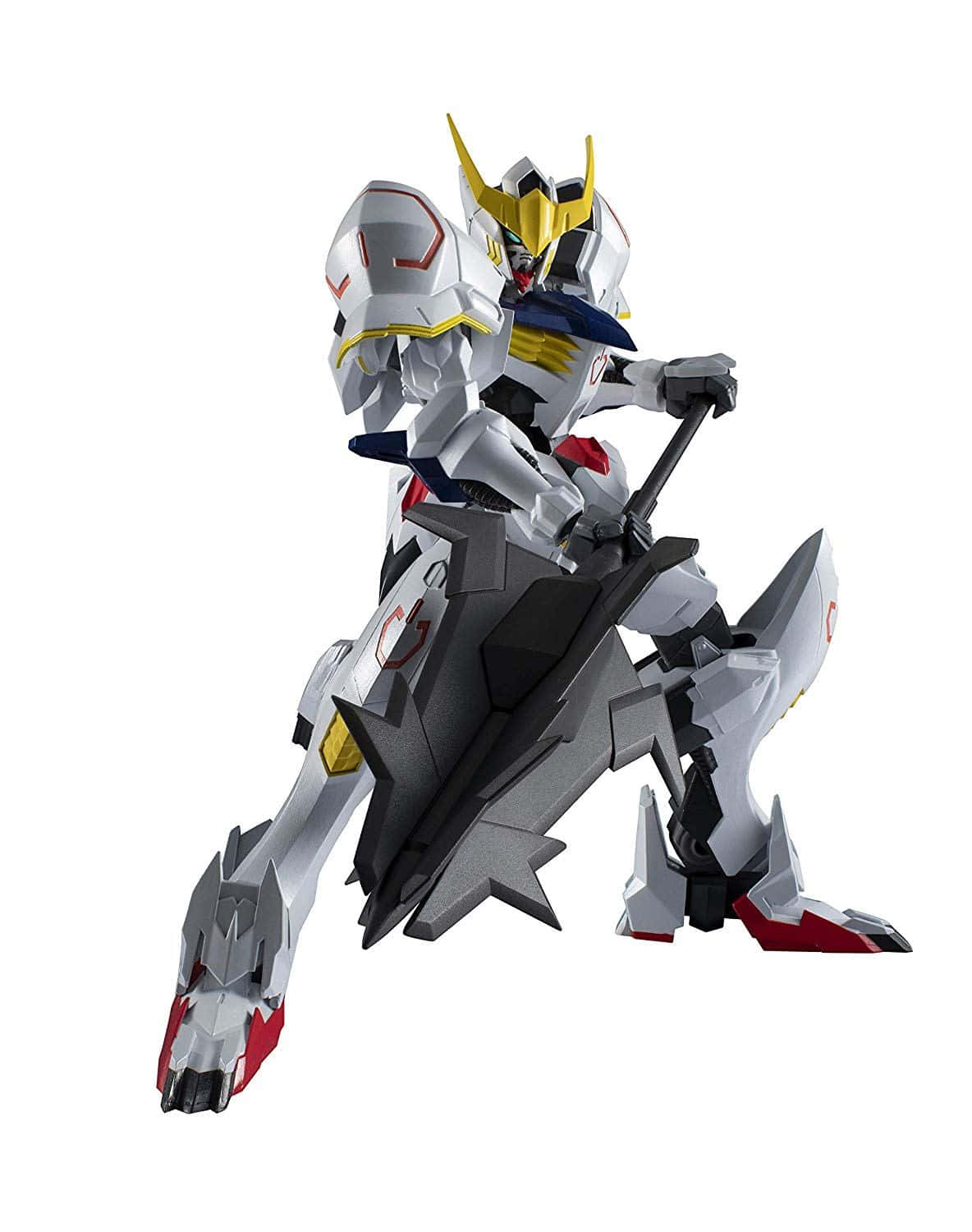 Mobile Suit Gundam Iron-blooded Orphans 桌布 壁紙 — 一個白色和金色的機械人帶有紅色點綴，以動態姿勢站立，手持一把大劍，背景為純白色。