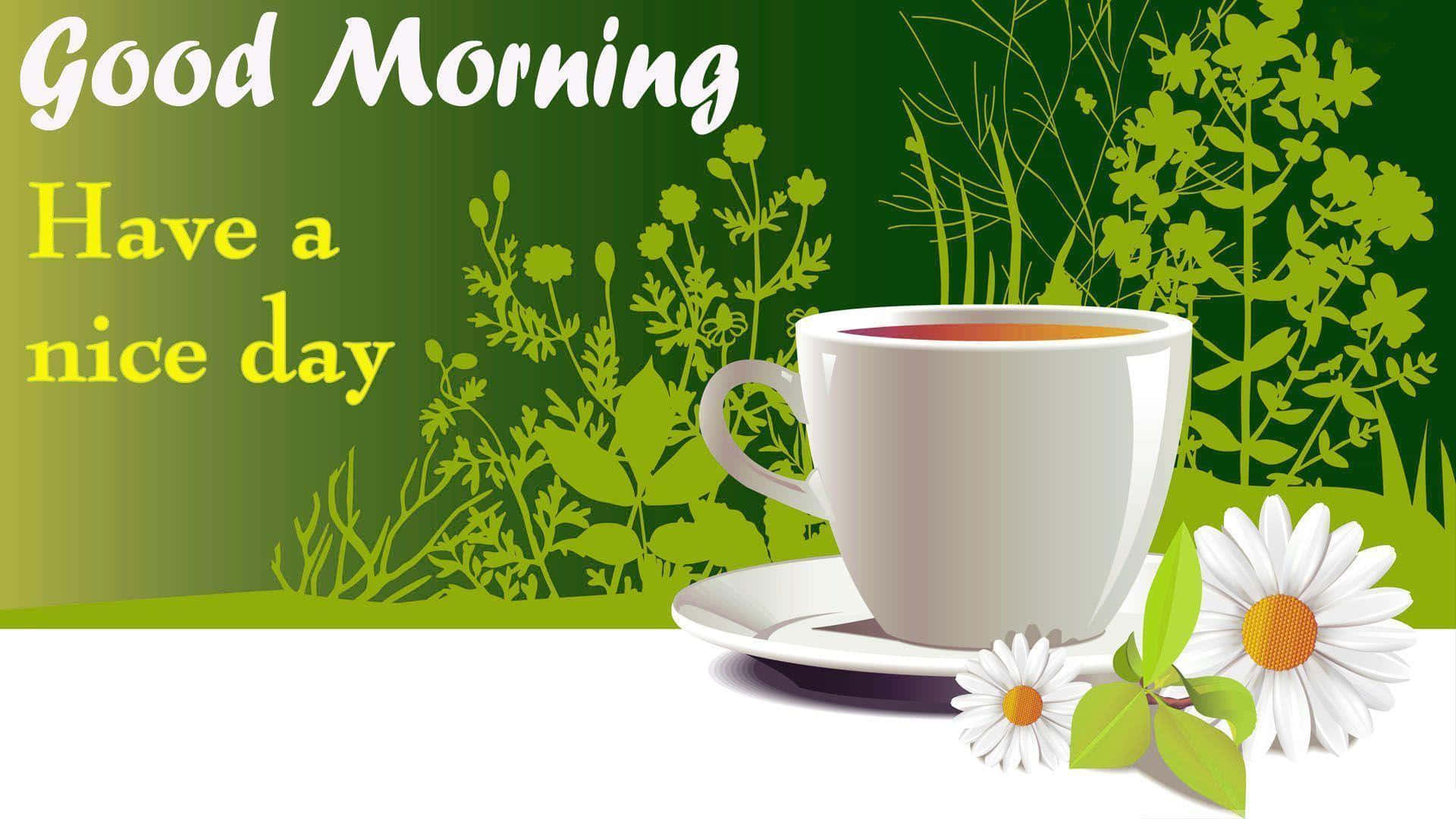 Good Morning 桌布 壁紙 — 一個白色咖啡杯盛載著茶，旁邊有雛菊，綠色背景上寫有「Good Morning」文字。