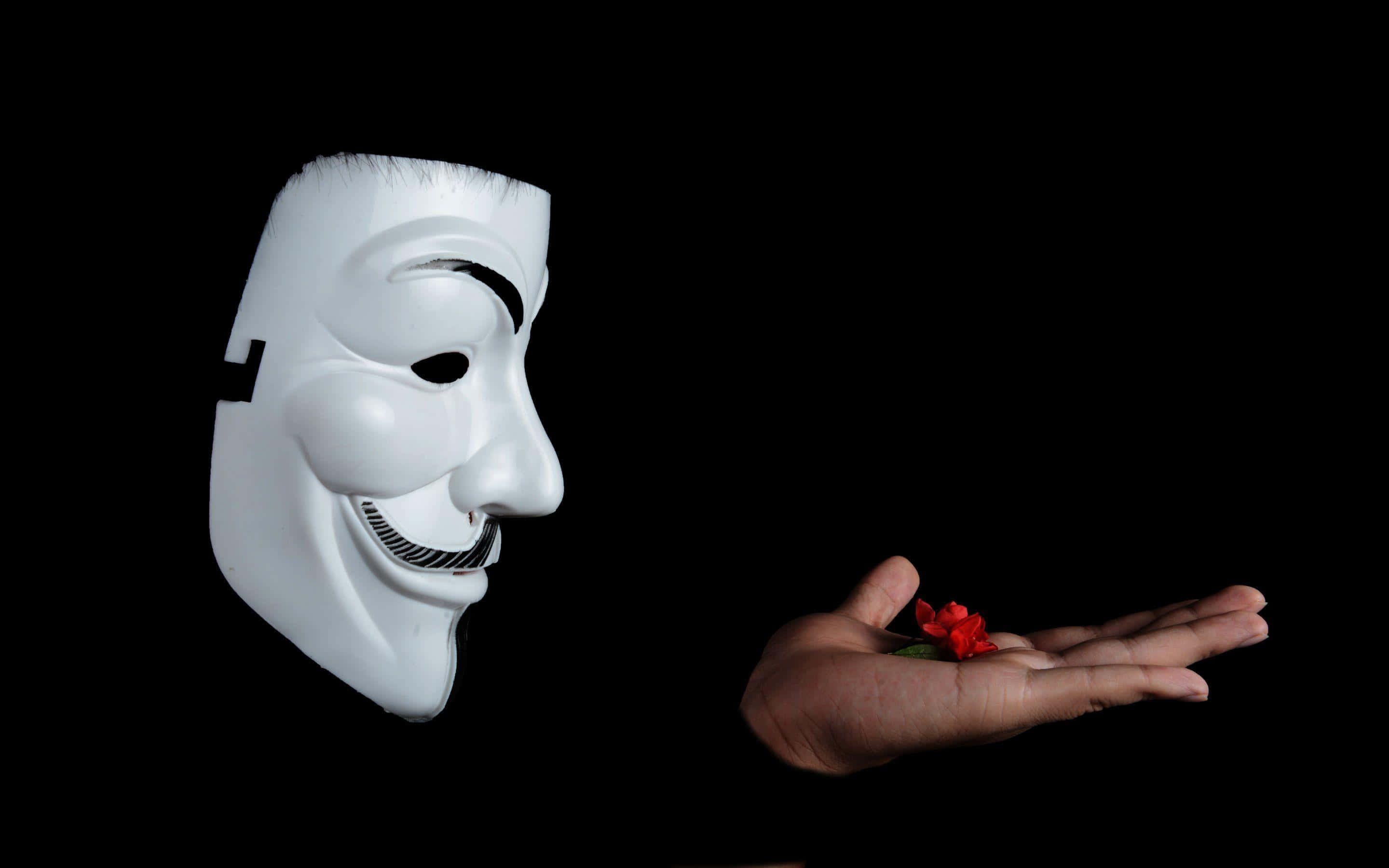 Anonymous 桌布 壁紙 — 一個白色嘅 Guy Fawkes 面具喺一隻遞出一朵細小紅花嘅手旁邊微笑，背景係純黑色。