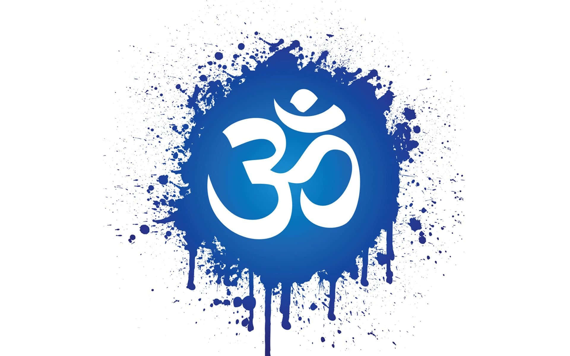 Om 桌布 壁紙 — 一個白色嘅Om符號，置中喺一個大膽嘅藍色油漆濺潑圖案上，背景係純白色。