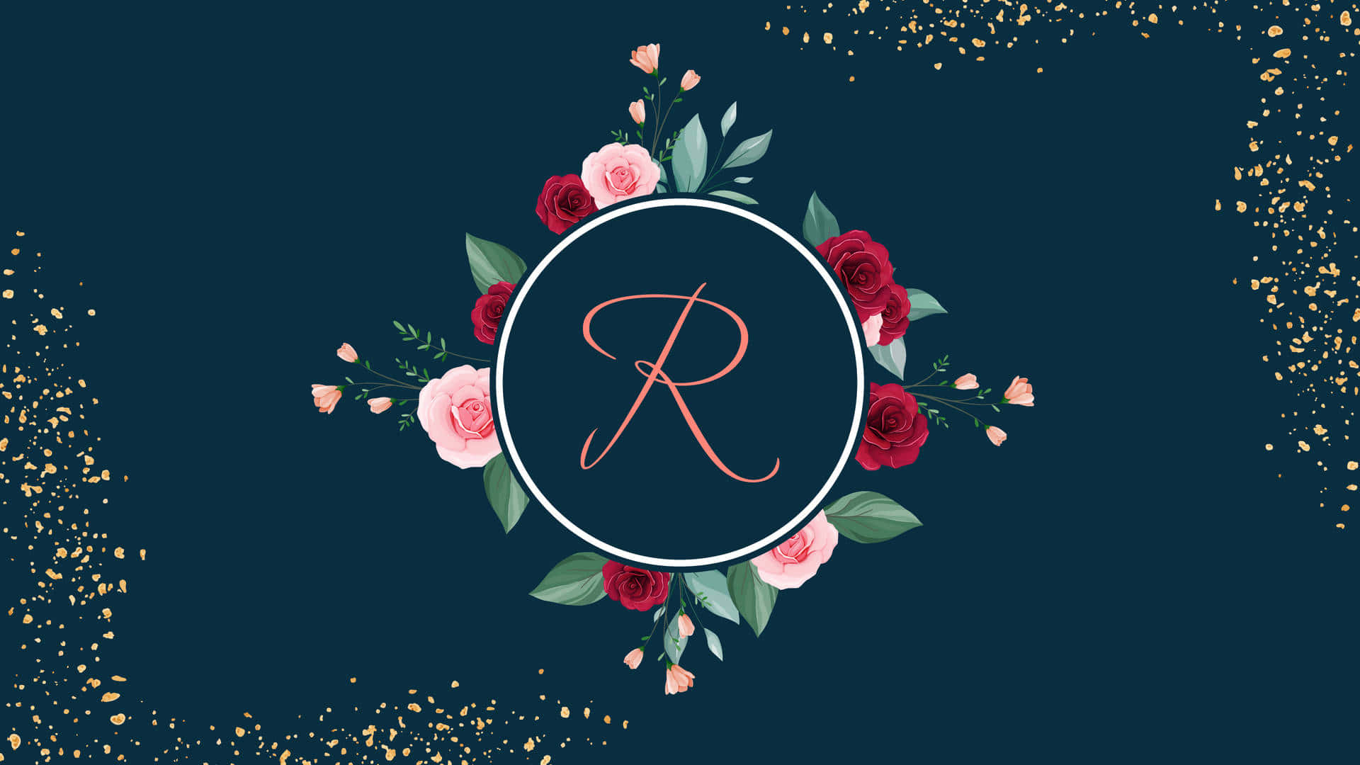 字母 桌布 壁紙 — 一個白色圓圈內有字母「R」的字母組合，周圍環繞著紅色和粉紅色的玫瑰及綠色葉子，背景為深藍綠色，並帶有金色閃粉點綴。