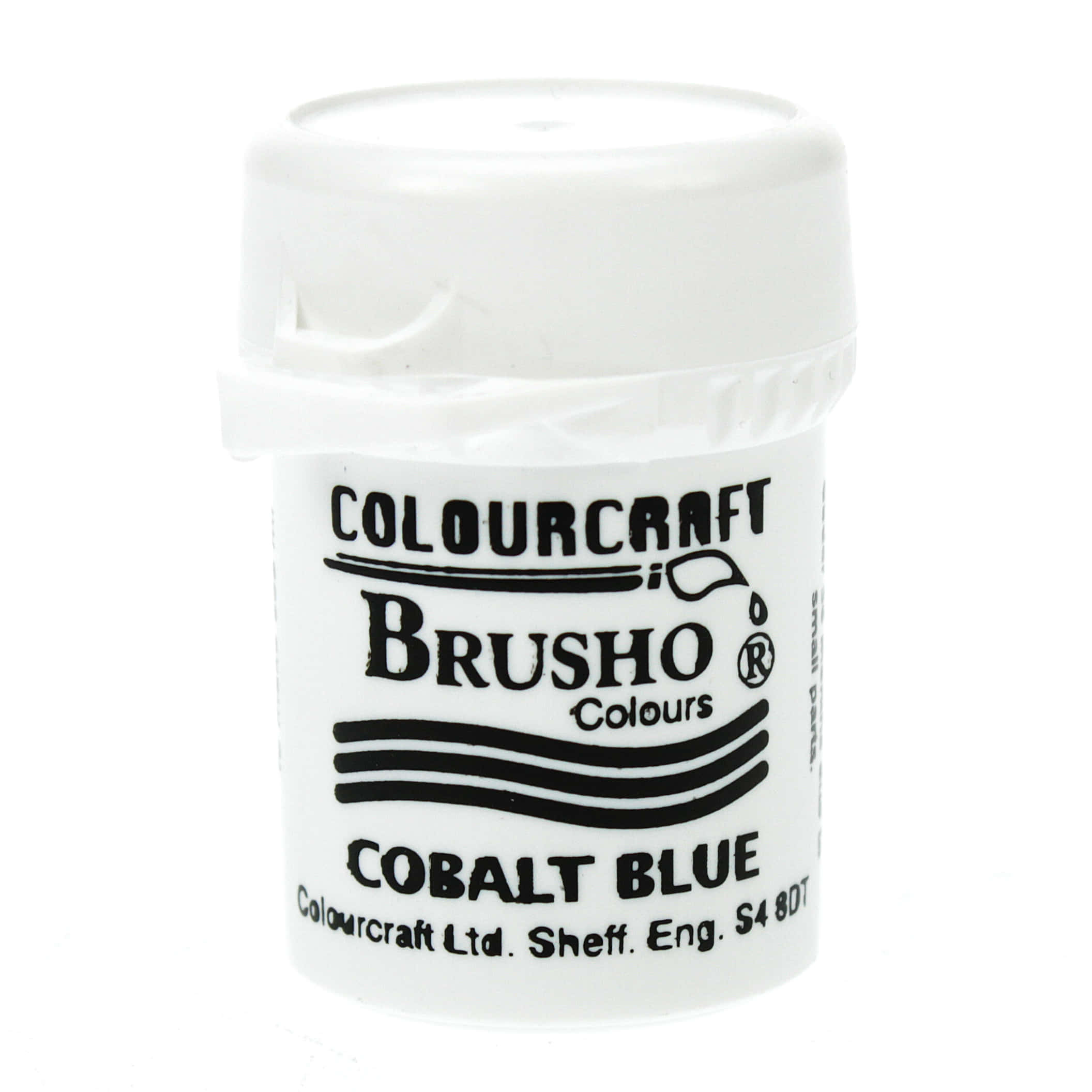 Cobalt Blue 桌布 壁紙 — 一個白色塑膠罐裝Colourcraft Brusho Cobalt Blue顏料，帶有黑色文字和標誌，背景為純白色。