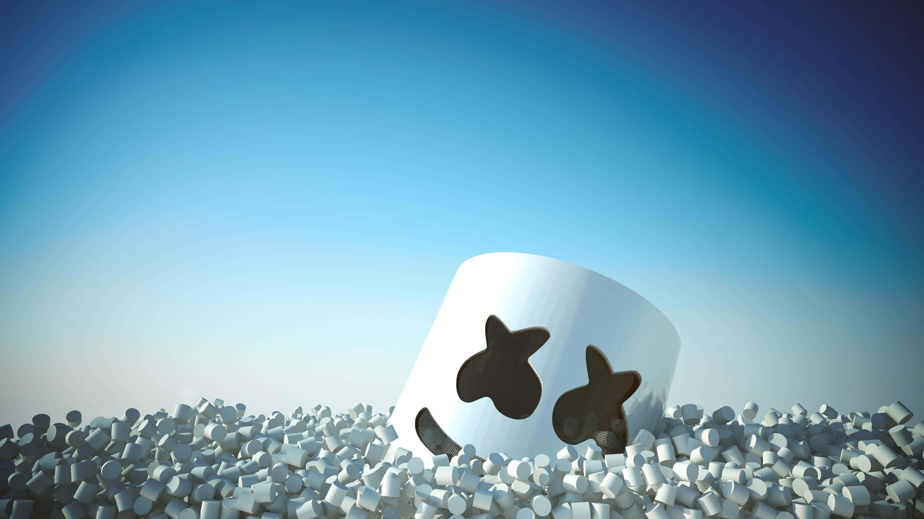 Marshmello 桌布 壁紙 — 一個白色大棉花糖，有星形眼睛和微笑，從一堆較小的棉花糖中冒出，背景是漸變藍天。