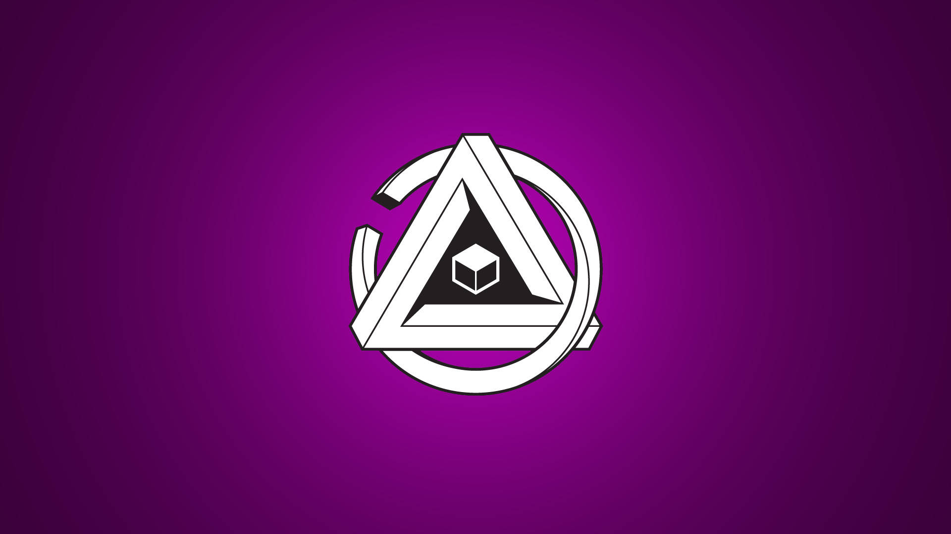Logo 桌布 壁紙 — 一個白色幾何標誌，在三角形和圓形內有一個立方體，背景為紫色漸變。
