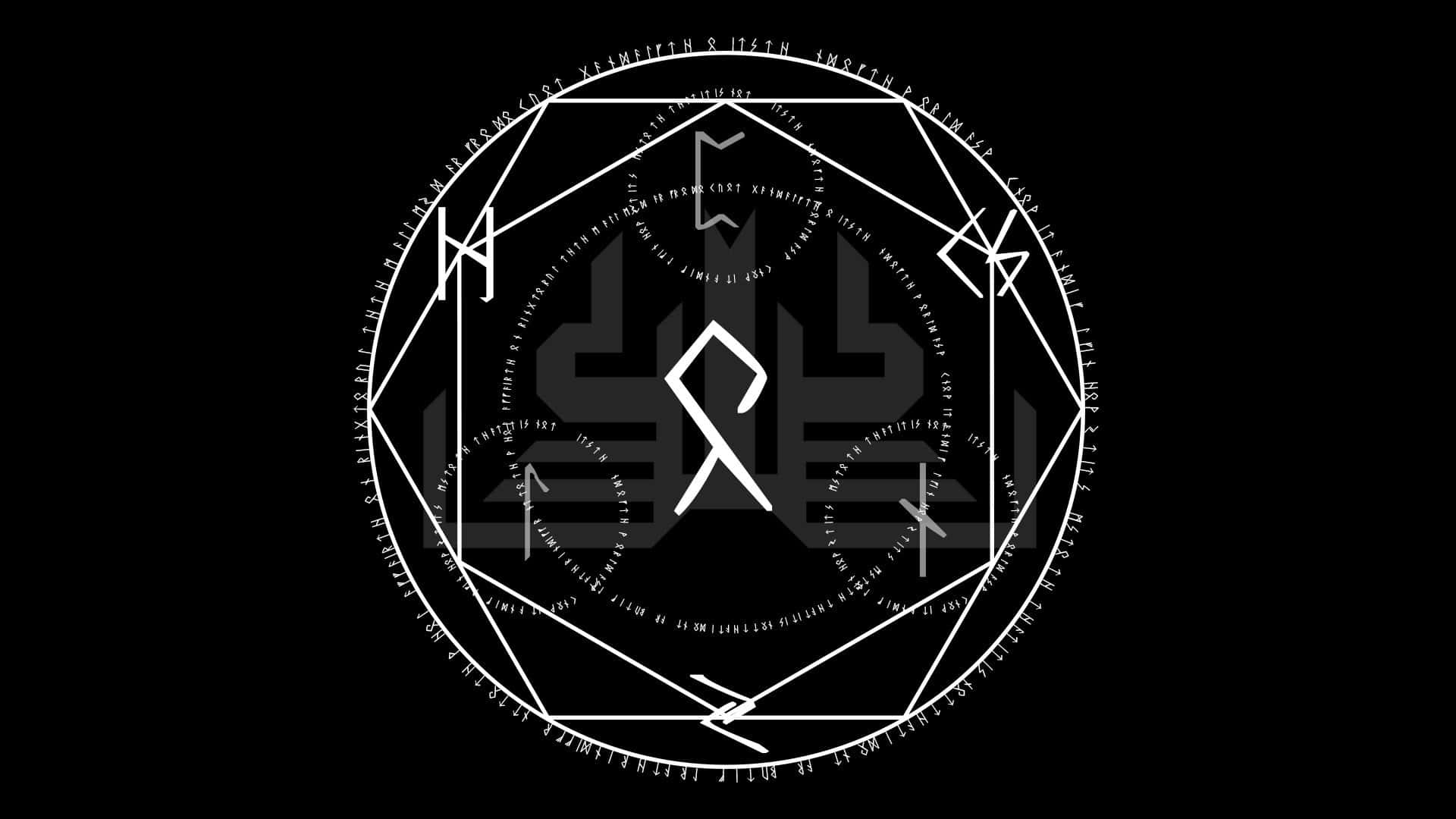 Dark Circles 桌布 壁紙 — 一個白色幾何符印，帶有符文和符號，從中央的字符向純黑背景輻射。