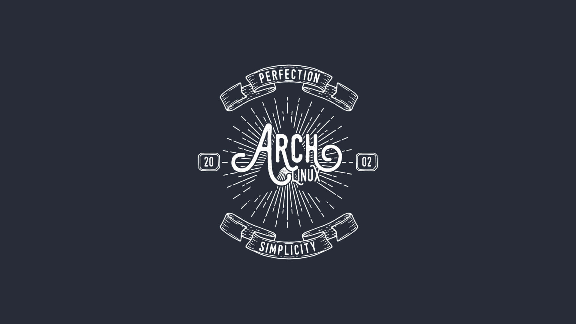 Arch Linux 桌布 壁紙 — 一個白色復古風格標誌，上面有「Arch Linux」以及寫著「Perfection」和「Simplicity」的橫幅，背景為深海軍藍色。