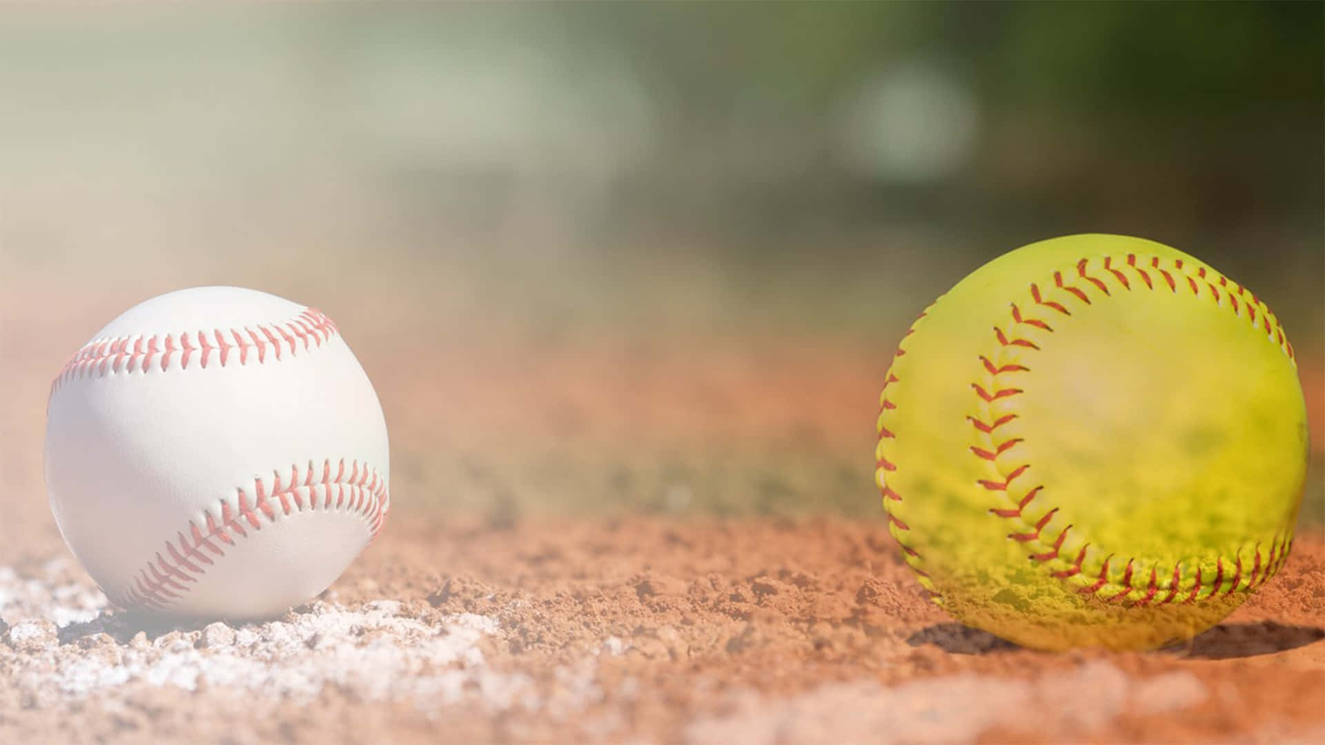 Softball 桌布 壁紙 — 一個白色棒球和一個黃色壘球並排放在陽光普照的泥地球場上，背景柔和模糊。