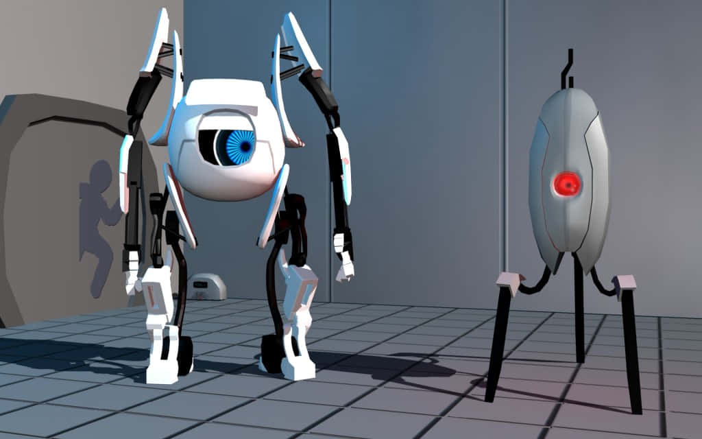 Portal Characters 桌布 壁紙 — 一個白色機械人，有一隻大藍色眼睛，喺鋪咗瓷磚嘅房入面，面對住一個灰色機械人，佢有一隻紅色眼睛。