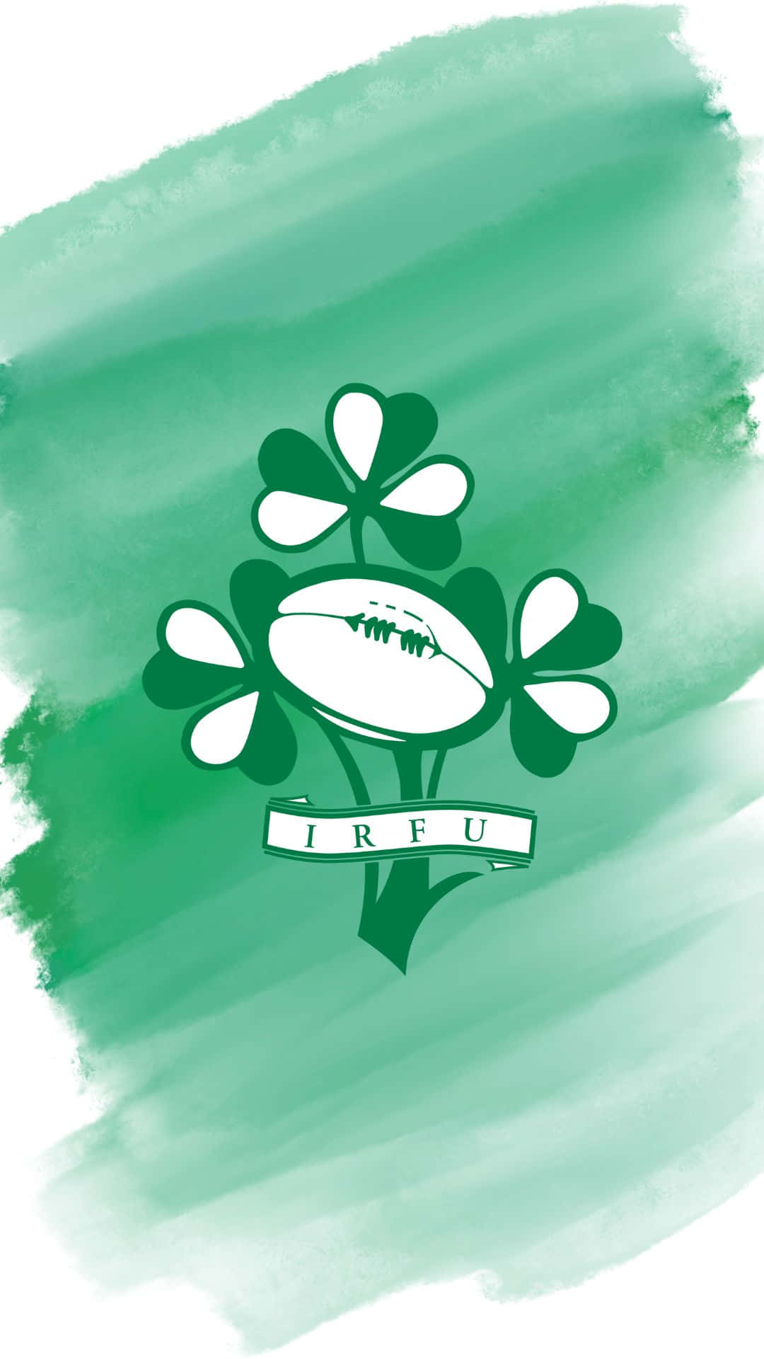 Ireland Rugby 桌布 壁紙 — 一個白色欖球藏於綠色三葉草之間，水彩綠色背景上帶有'IRFU'橫幅。