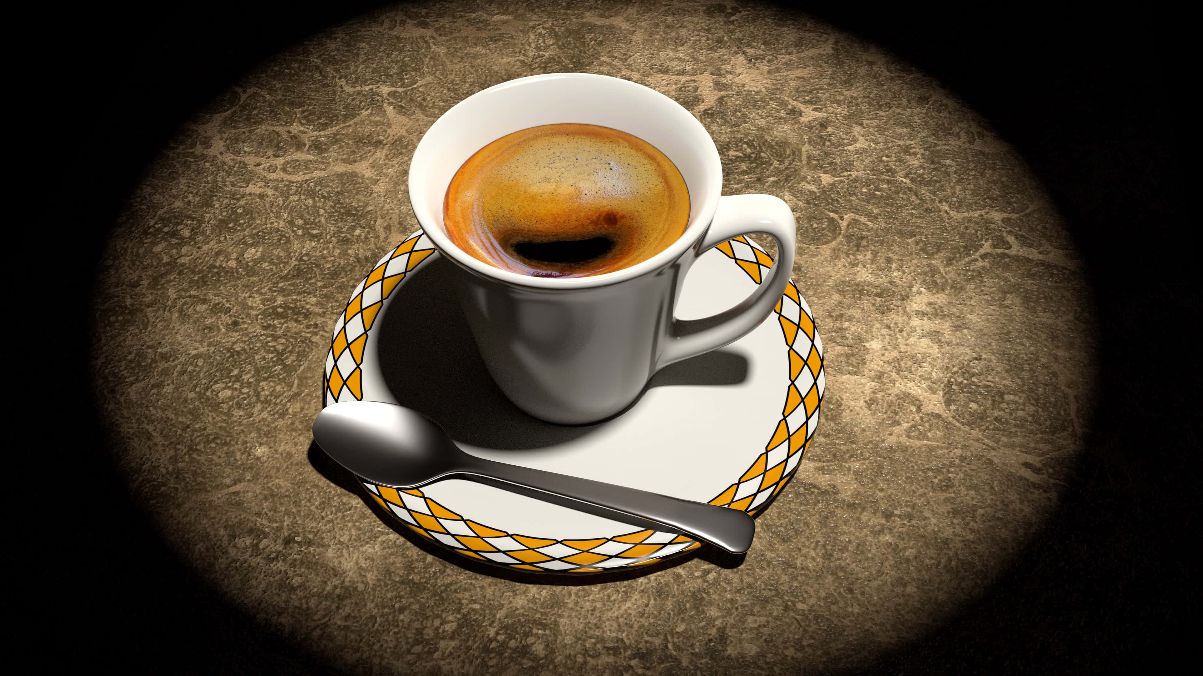 Coffee Cup 桌布 壁紙 — 一個白色濃縮咖啡杯，帶有豐富的油脂，放在有圖案的碟子上，在聚光燈下置於有紋理的表面上。