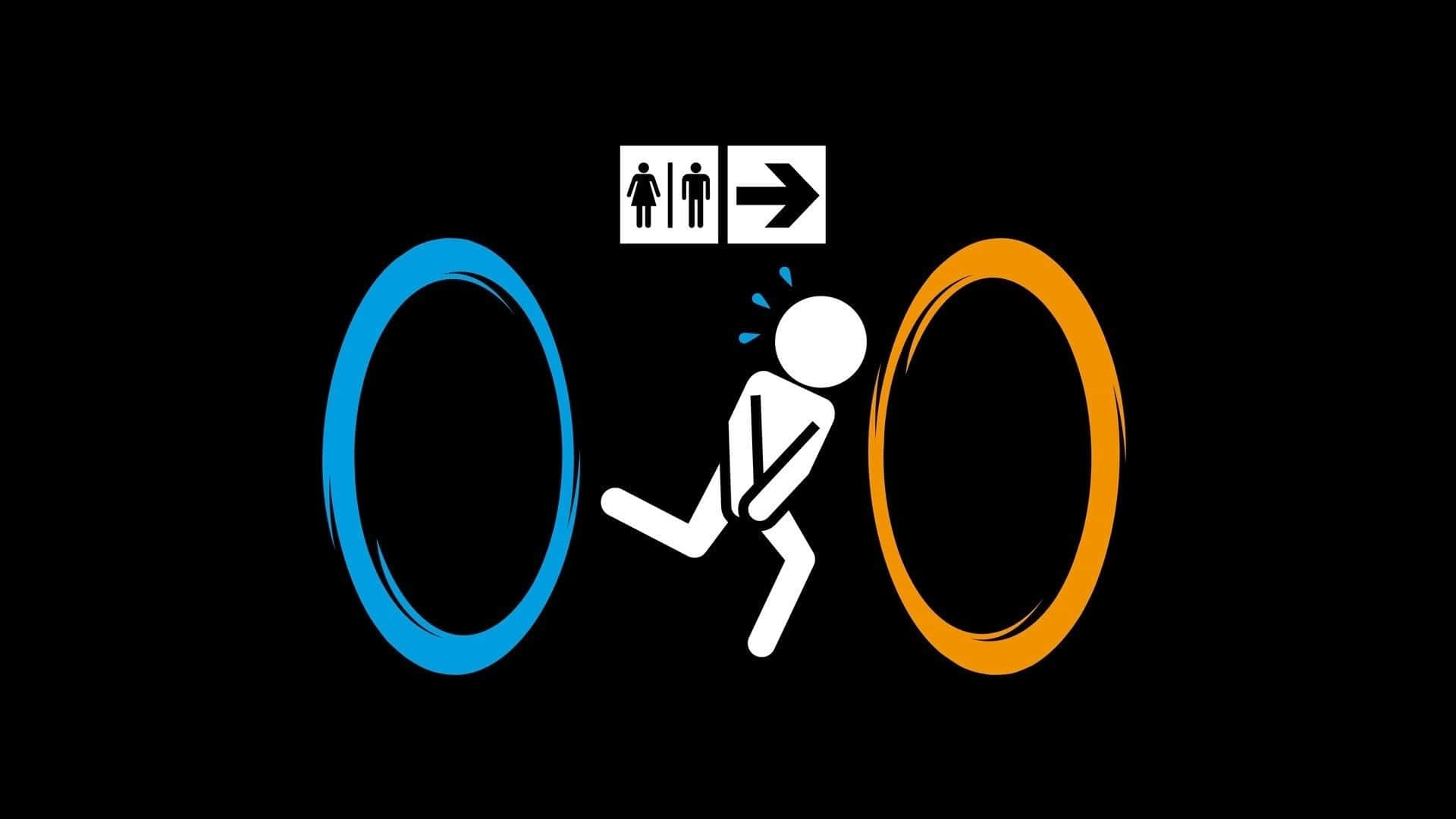 Funny Gaming 桌布 壁紙 — 一個白色火柴人在困境中奔跑於藍色和橙色圓圈之間，上方有洗手間標誌。