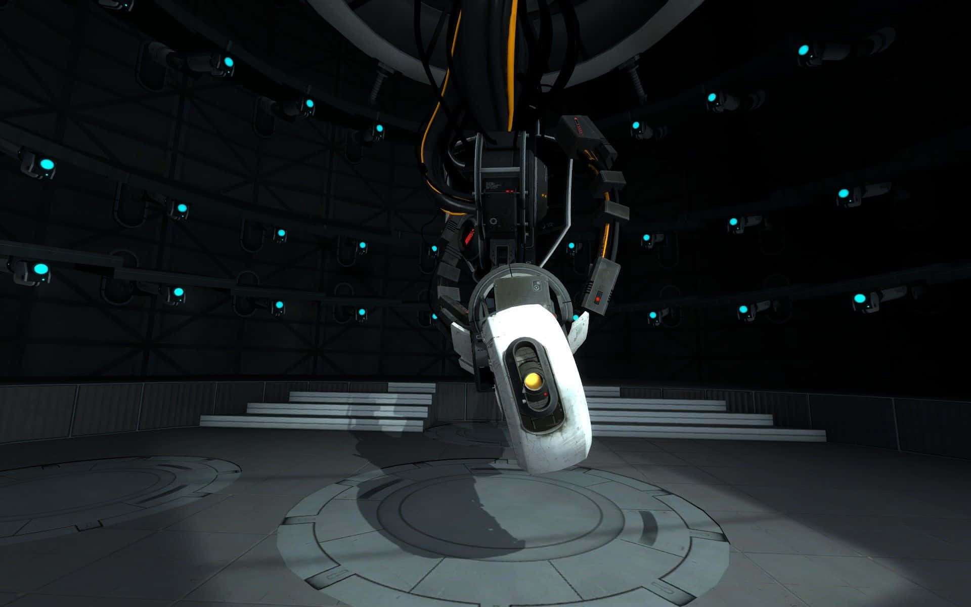 Vr Games 桌布 壁紙 — 一個白色球形機械人，帶有發光的黃色眼睛，在一個由藍色聚光燈照亮的黑暗未來測試室中懸浮。