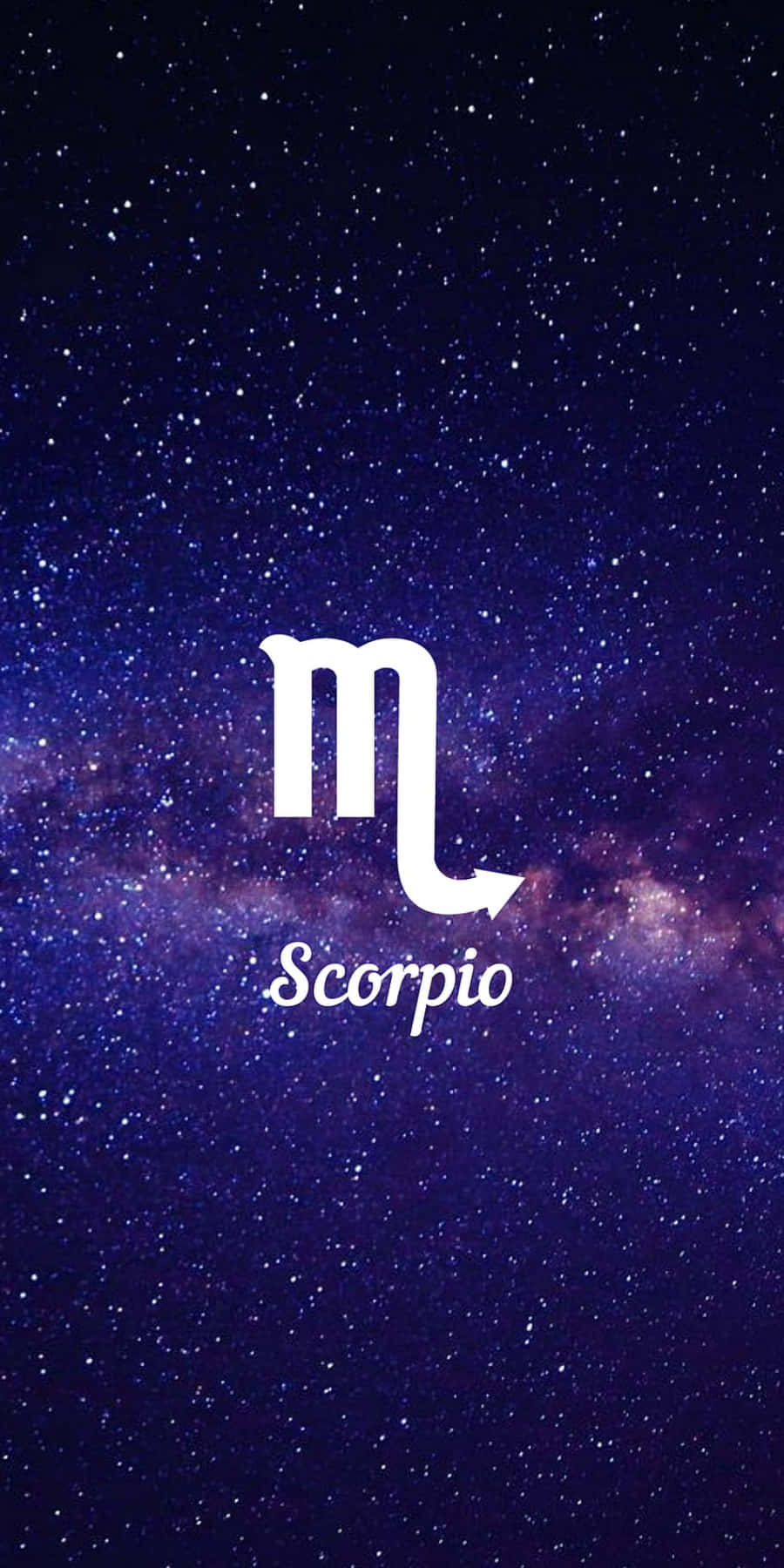 天蠍座 桌布 壁紙 — 一個白色的天蠍座星座符號和文字在深紫色星空和發光星雲的背景中漂浮。