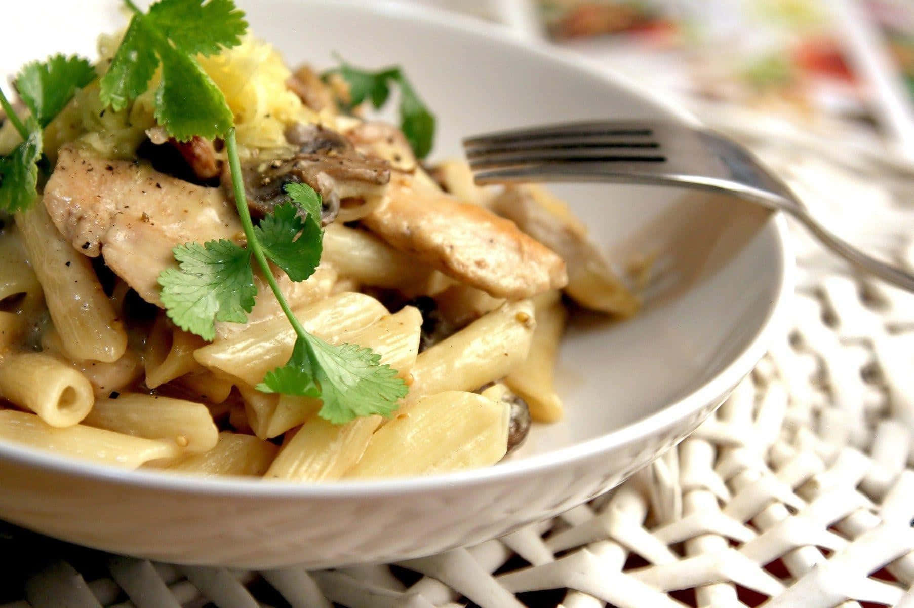 Pasta 桌布 壁紙 — 一個白色碗中的奶油雞肉蘑菇意粉，上面飾以新鮮芫荽的近距離特寫。