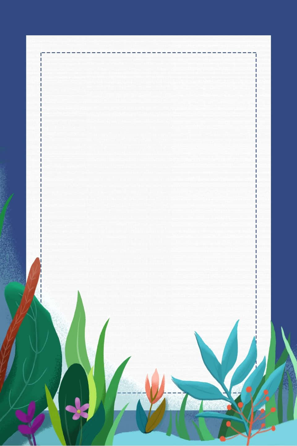 Diary 桌布 壁紙 — 一個白色紋理框架，帶有虛線邊框，周圍環繞著色彩繽紛的插圖葉子，背景為深藍色。