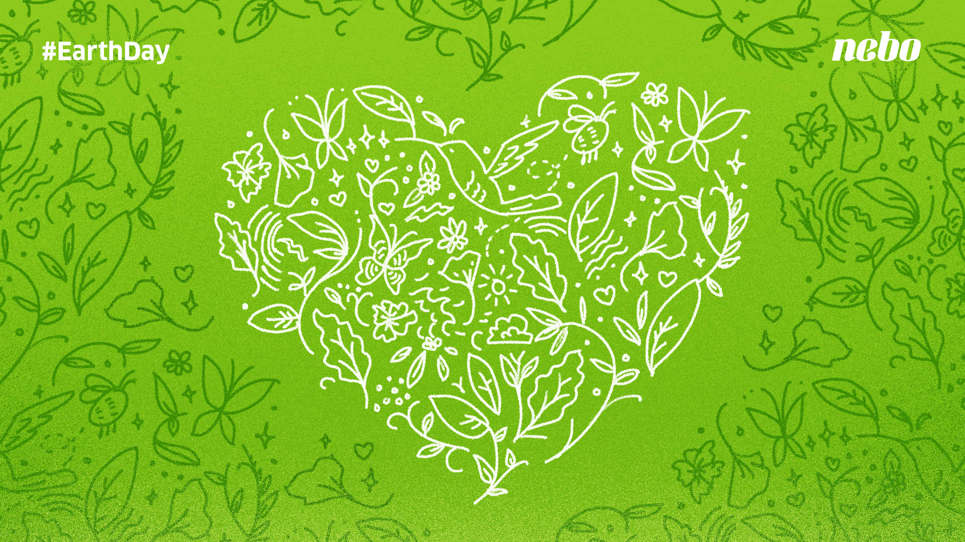 Earth Day 桌布 壁紙 — 一個白色線條藝術心形，充滿花朵、樹葉和鳥類，背景為充滿活力的綠色紋理背景。