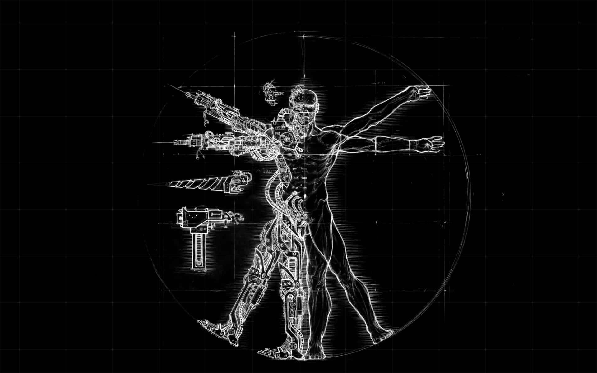 Minimalist Monochrome 桌布 壁紙 — 一個白色線條藝術描繪的賽博格維特魯威人，帶有機械肢體和武器，背景為黑色網格。