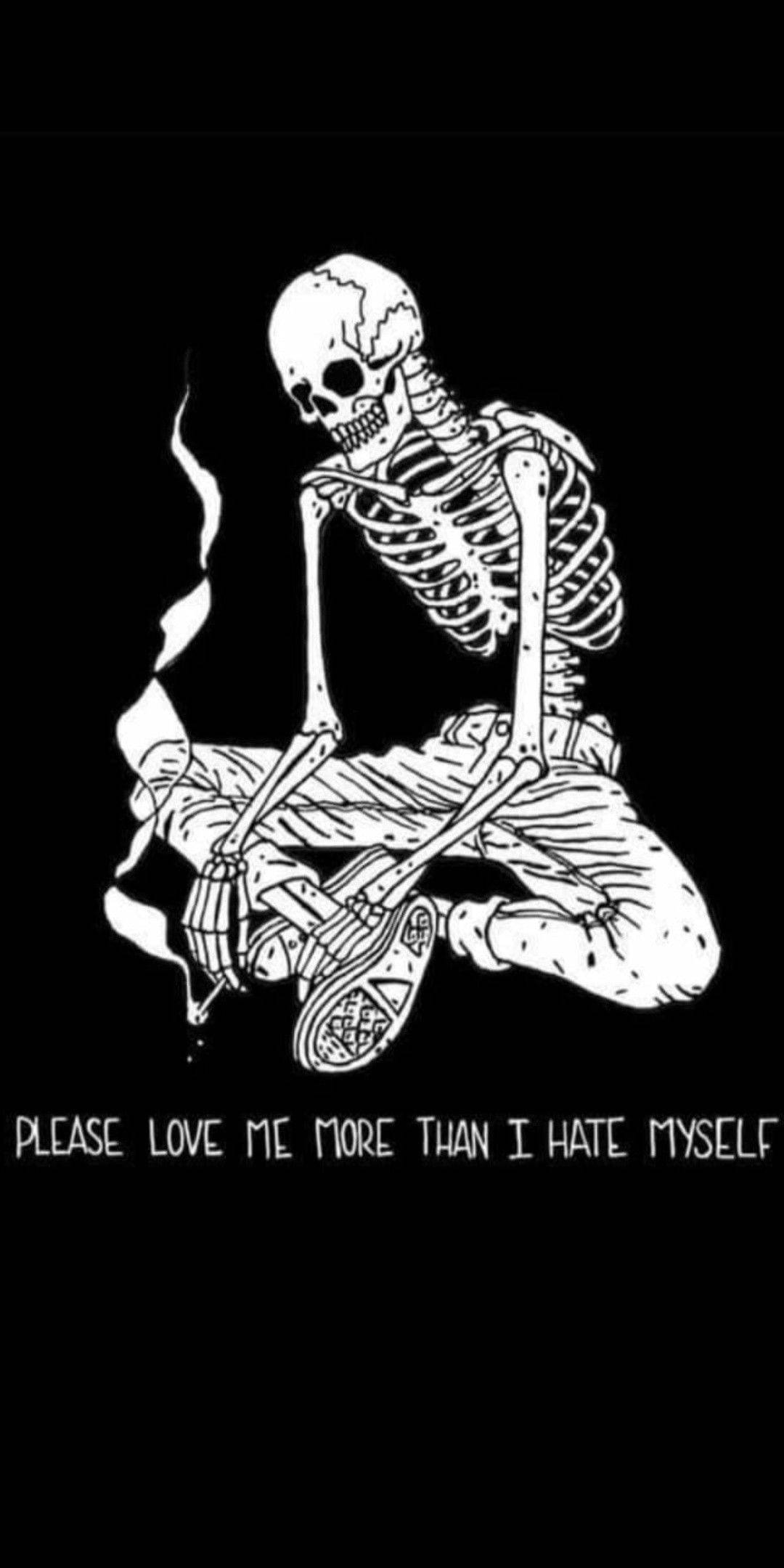 Love Quotes 桌布 壁紙 — 一個白色線條藝術骷髏穿著牛仔褲和運動鞋癱坐著抽煙，背景為黑色，下方有文字。