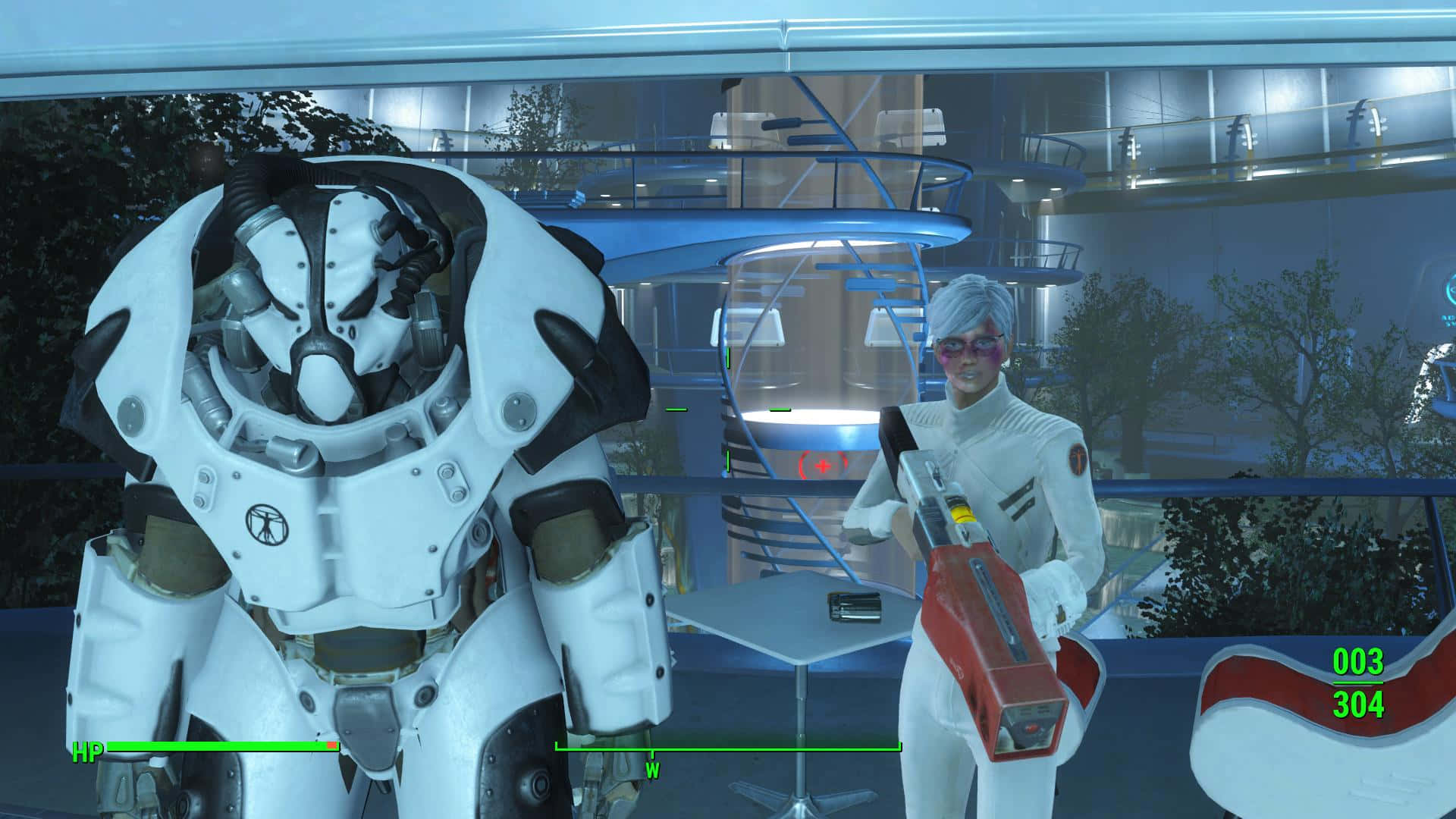 Fallout 4 Institute 桌布 壁紙 — 一個白色裝甲機械人和一個身穿白色西裝的人夜晚站在未來風格的玻璃建築內。