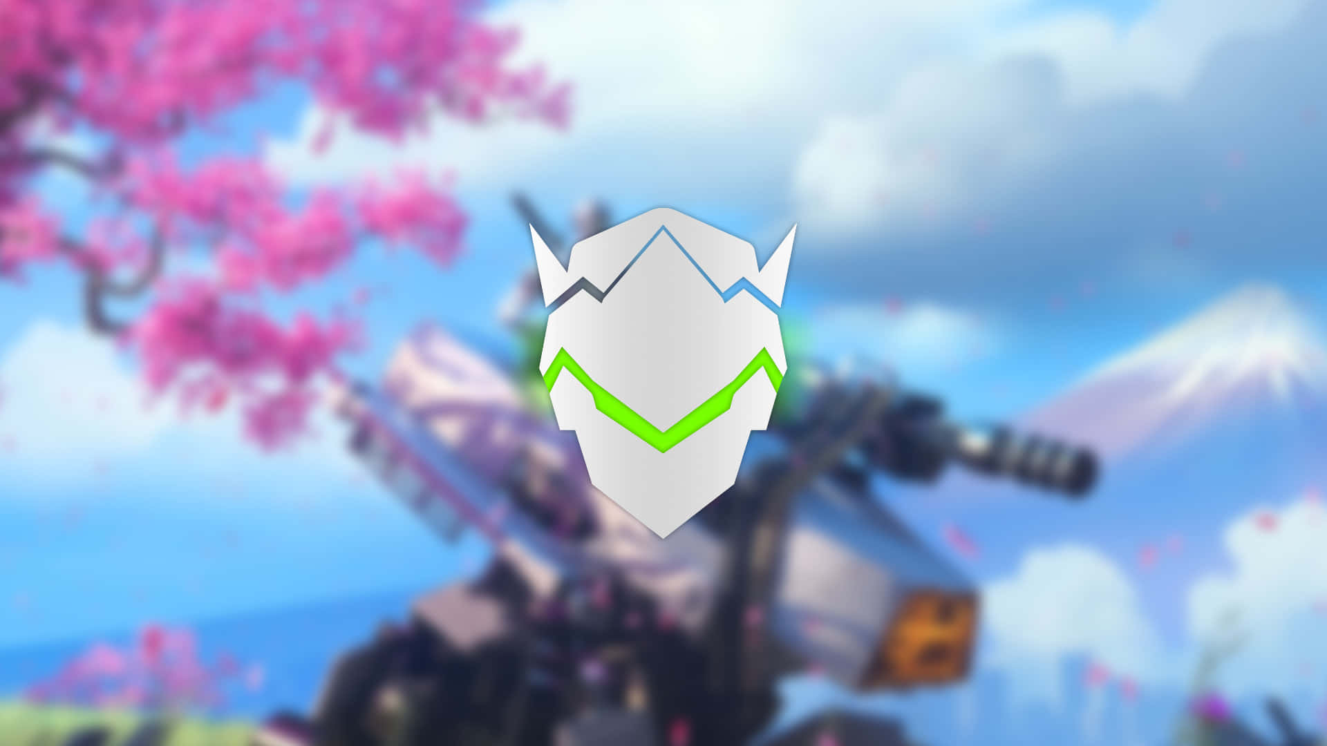 Overwatch Genji 桌布 壁紙 — 一個白色裝甲頭盔，帶有發光的綠色眼睛，在藍天和遠山的背景下漂浮在粉紅色的櫻花中。