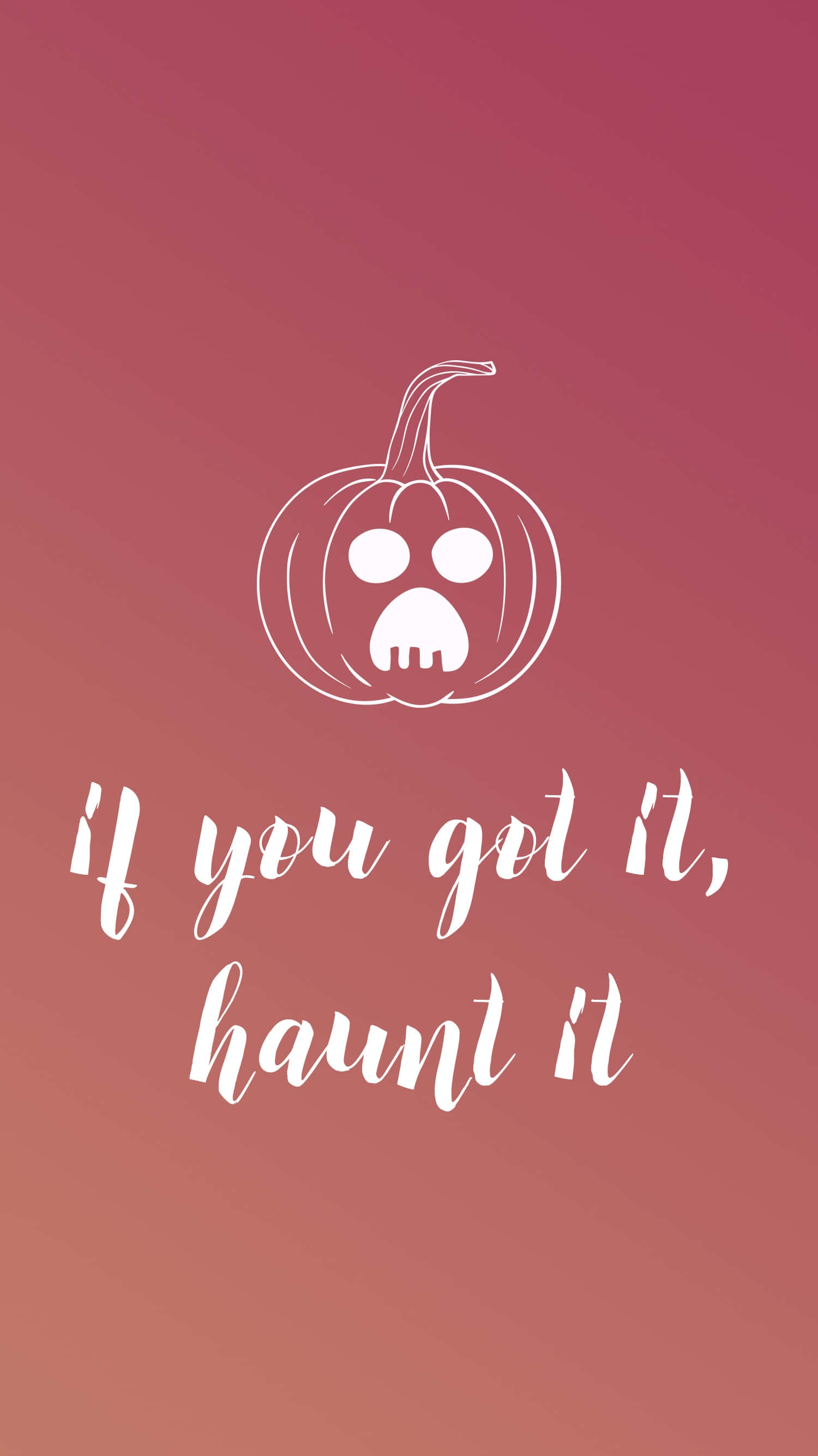 Halloween Phone 桌布 壁紙 — 一個白色輪廓的恐怖南瓜，帶有骷髏臉，漂浮在漸變粉紅色背景上的草書文字上方。