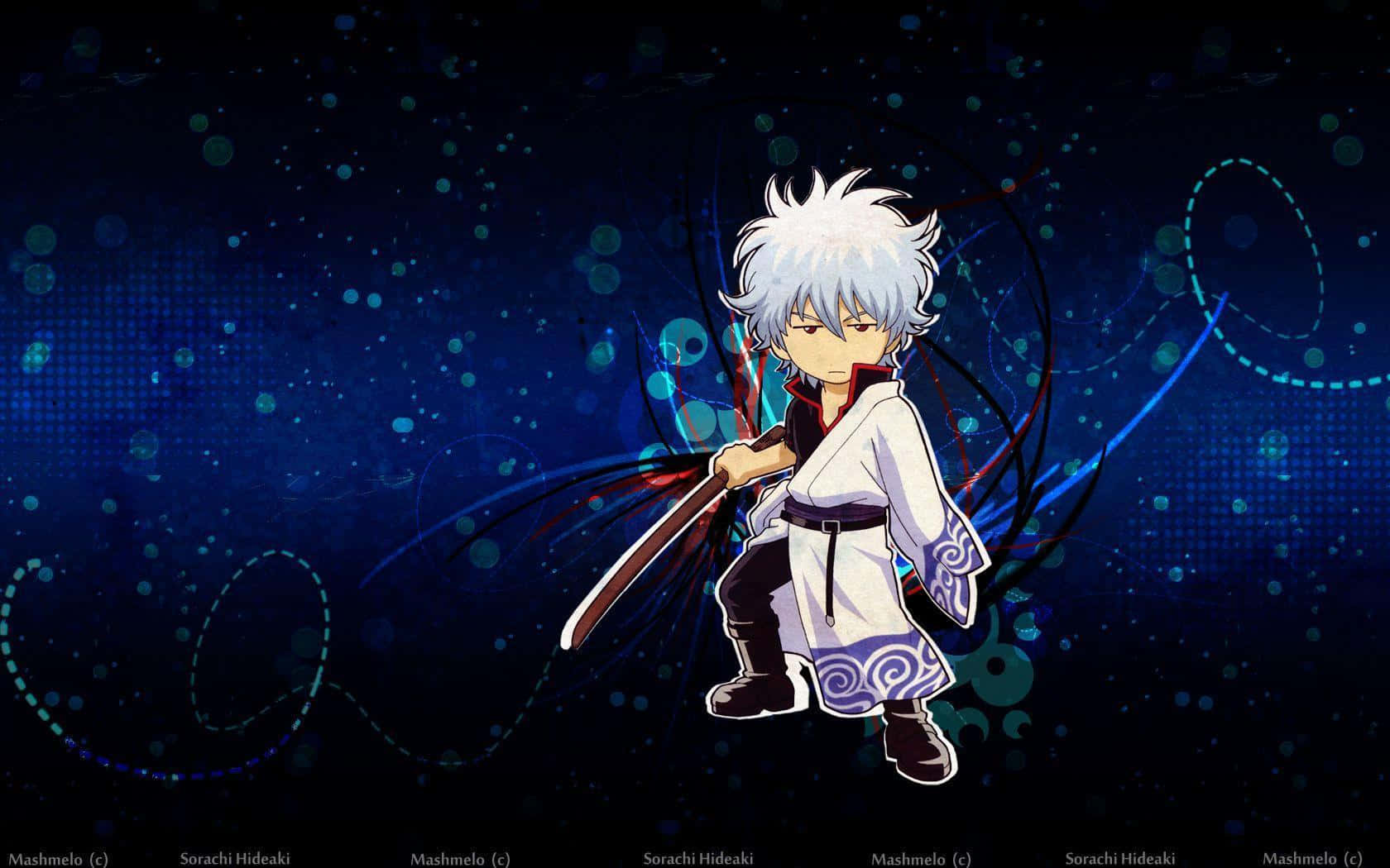 Gintoki Sakata 桌布 壁紙 — 一個白色長袍、頭髮尖刺的動漫男孩，在深藍色宇宙背景中揮舞著劍，背景有發光的漩渦。