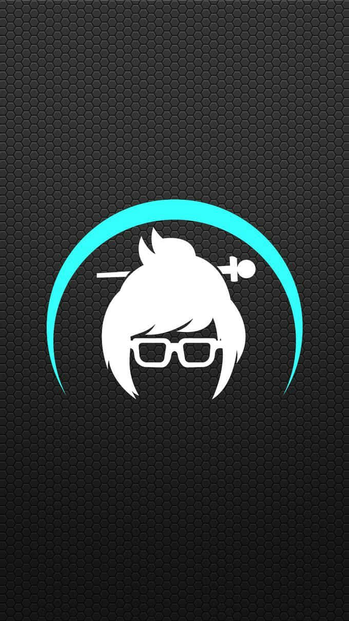 Overwatch Mei 桌布 壁紙 — 一個白色風格化動漫角色頭部，戴眼鏡和持劍，位於青色弧線下，背景為黑色六邊形紋理。