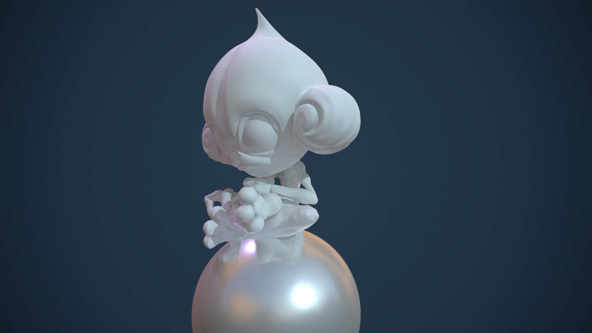 3D Meditite 壁紙 — 一個白色風格化的3D渲染生物，有大眼睛和捲曲的耳朵，坐在一個反射銀色球體上，背景是深藍色。
