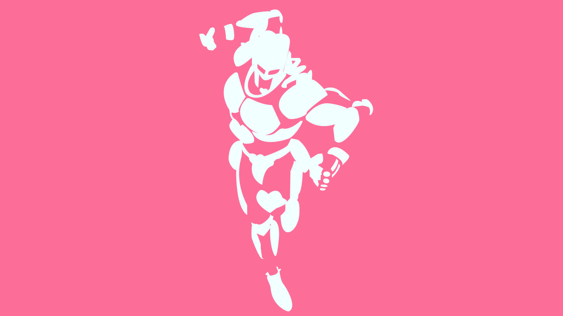 Jojo Stands 桌布 壁紙 — 一個白色風格化的戰士剪影在純粉紅色背景上動態跳躍。