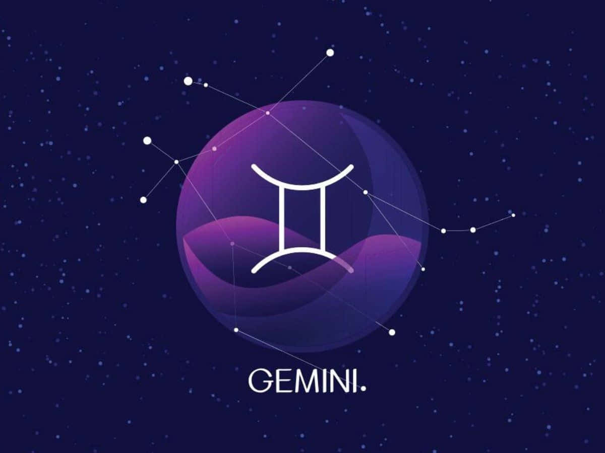 雙子座 桌布 壁紙 — 一個白色風格化的雙子座星座符號漂浮在紫色球體內，背景是繁星點點的夜空。