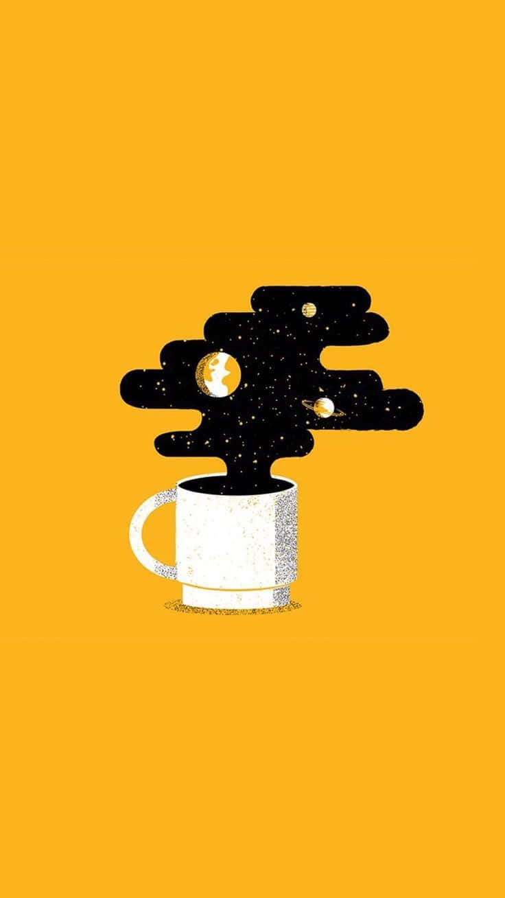 Minimalist Coffee 桌布 壁紙 — 一個白色馬克杯冒著蒸氣，帶有包含行星和恆星的黑色雲霧，襯托著充滿活力的橙色背景。