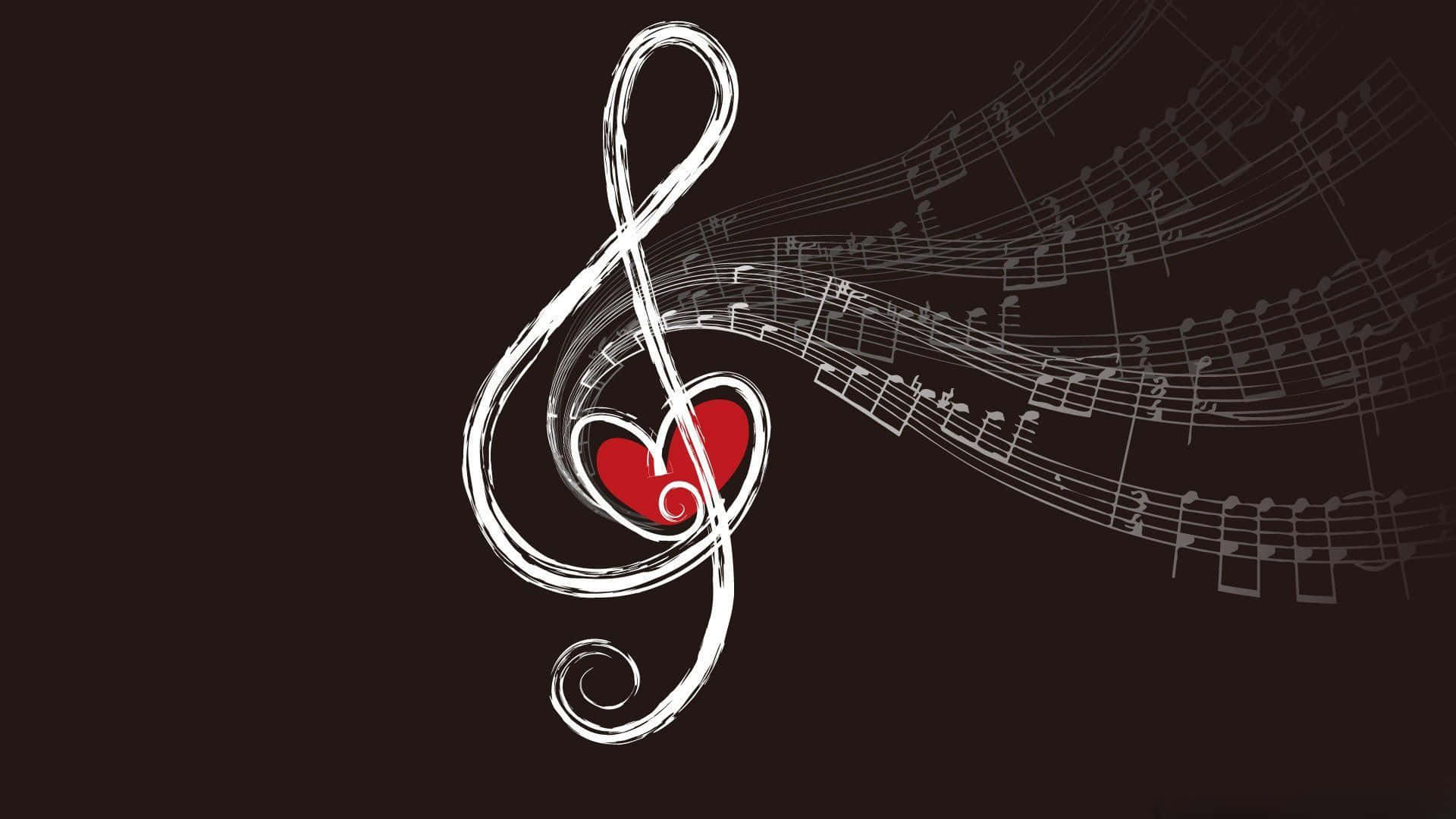Cute Music 桌布 壁紙 — 一個白色高音譜號，中心有一個紅色心形，在深棕色背景上化作旋轉的音符。