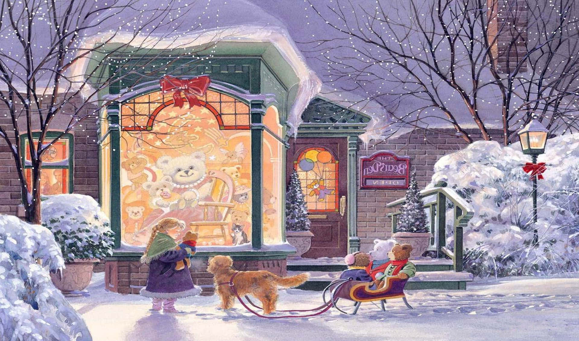 Winter Christmas 桌布 壁紙 — 一個白雪皚皚的冬季場景顯示孩子們和一隻狗在一個溫暖照明的商店櫥窗附近，櫥窗裡展示著一隻巨大的泰迪熊。