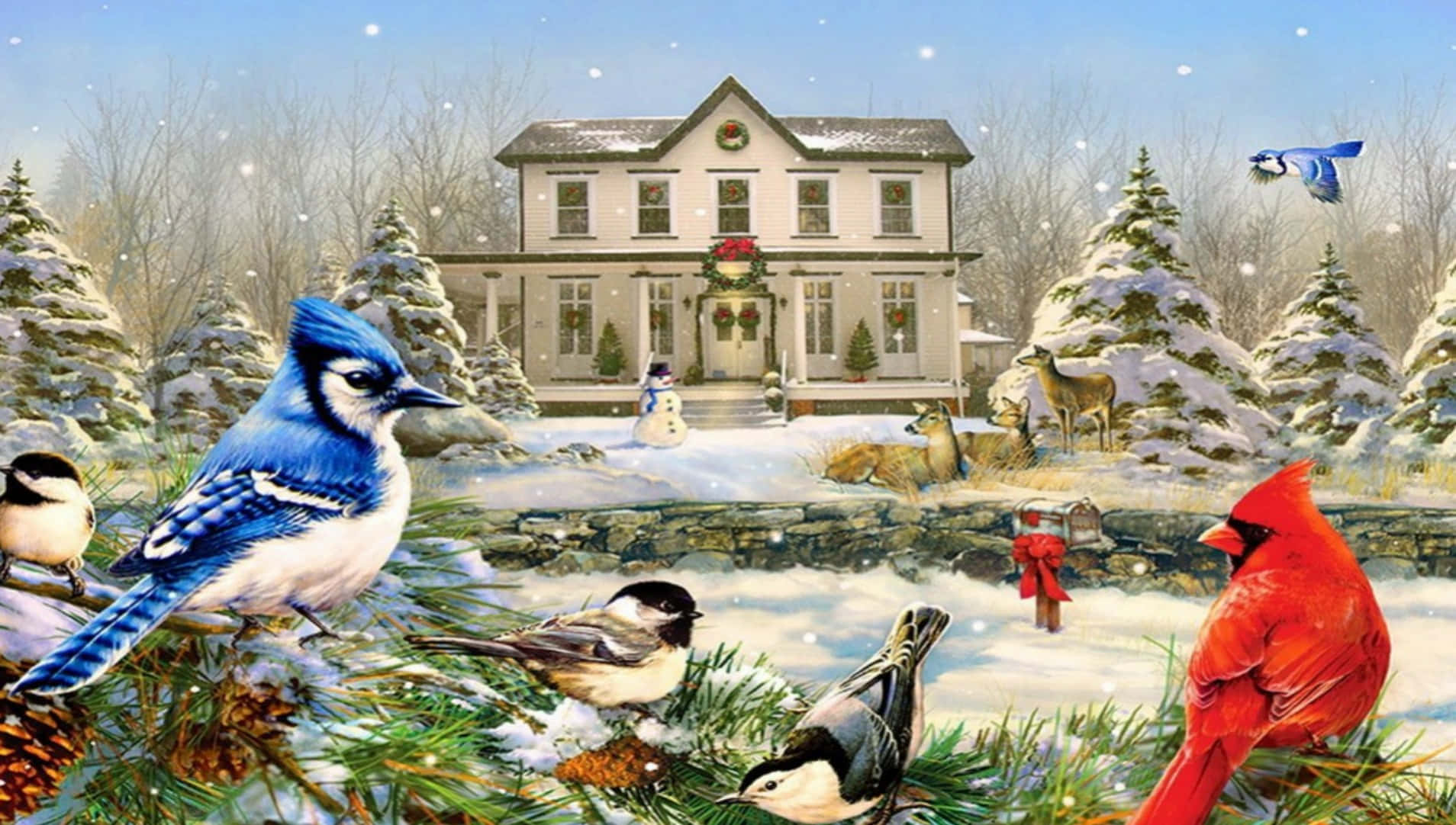 Vintage Christmas 桌布 壁紙 — 一個白雪皚皚的冬日場景，展示了一間節日房屋，周圍有鳥類和鹿，在雪花飄落的天空下，松樹被雪覆蓋。