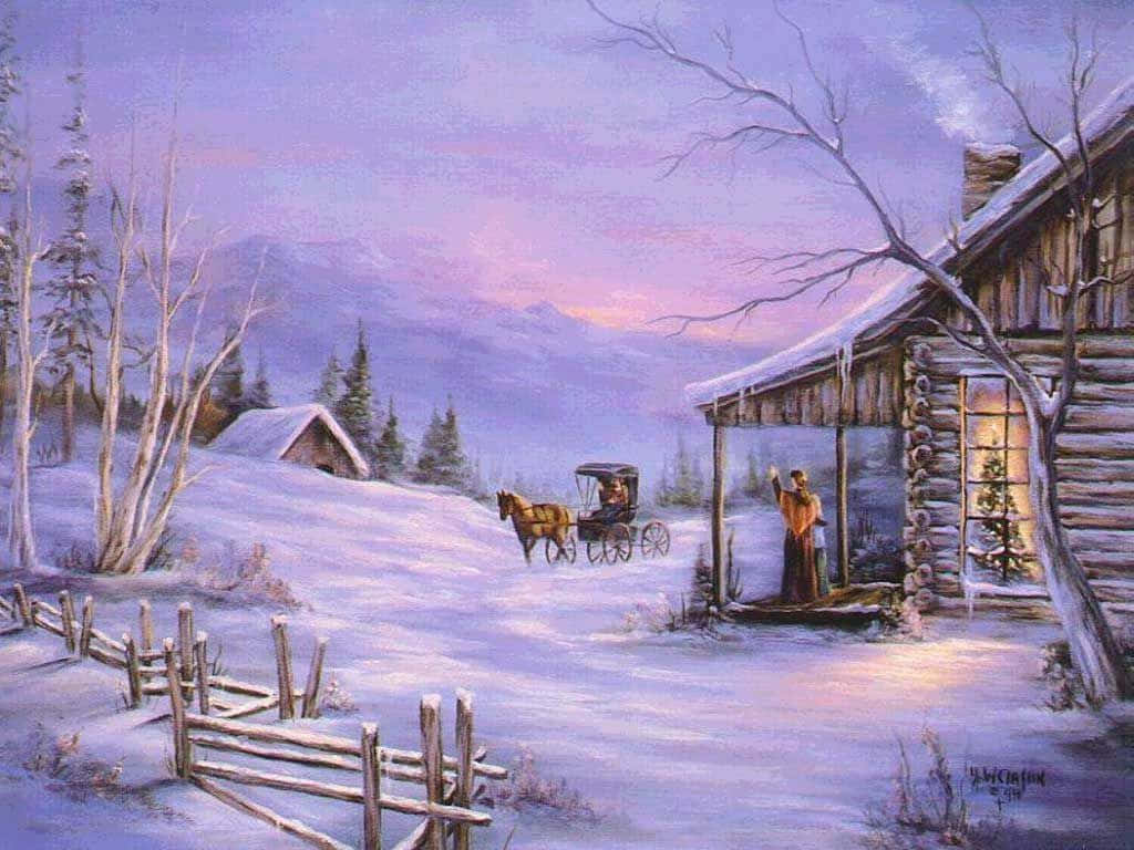 Winter Scene 桌布 壁紙 — 一個白雪皚皚的黃昏場景，有一座溫暖照亮的木屋，一輛馬車正在靠近，還有光禿禿的樹木襯托著紫色的山脈。